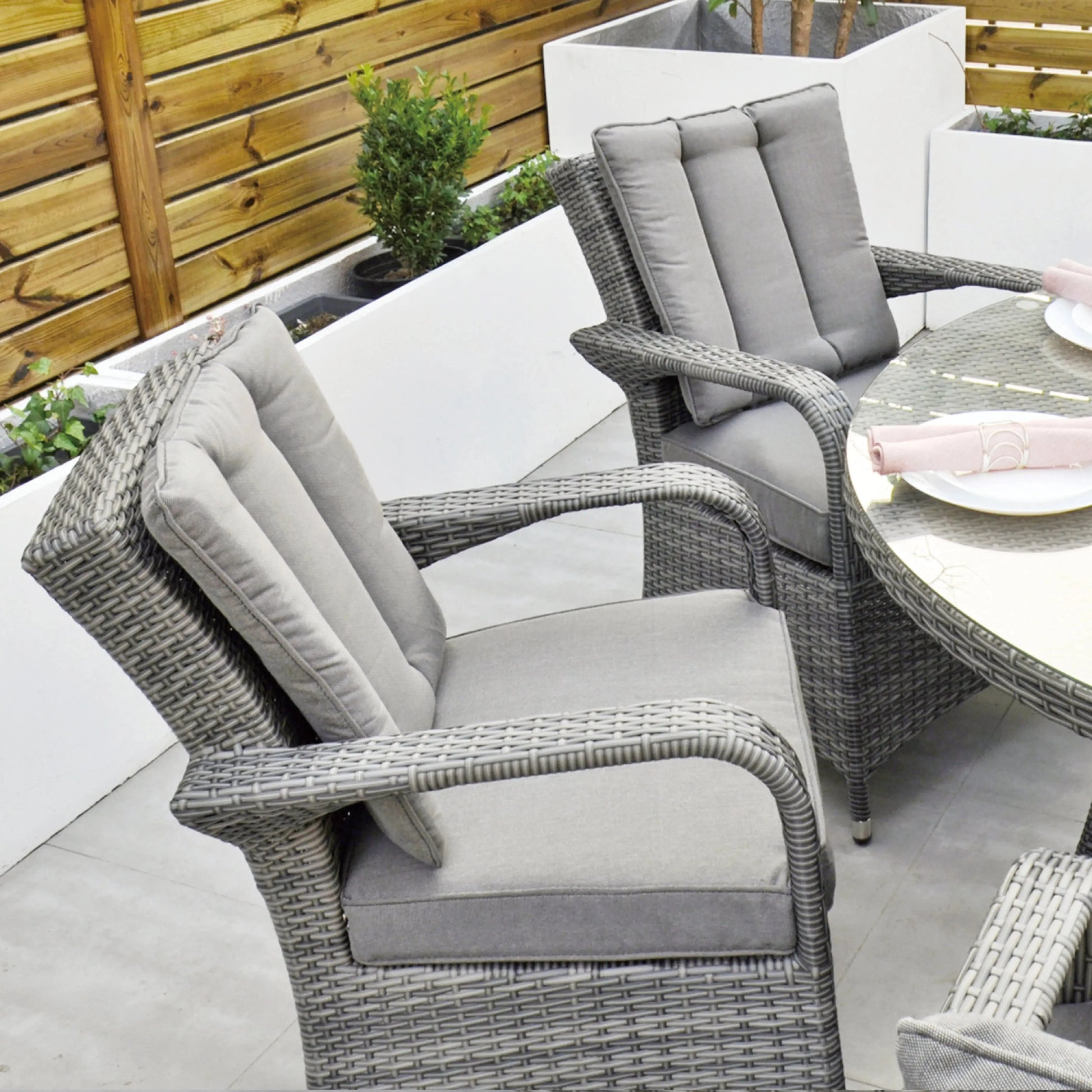Aruba 120cm Round Firepit Table & 4 Bridge Arm Chairs Outdoor Set – Grey Black with Grey Cushions