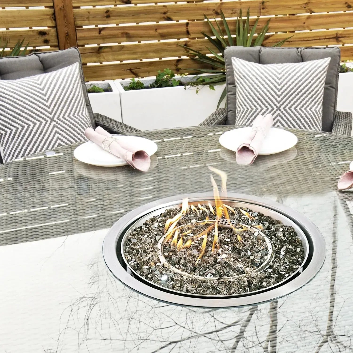 Aruba 120cm Round Firepit Table & 4 Bridge Arm Chairs Outdoor Set – Grey Black with Grey Cushions