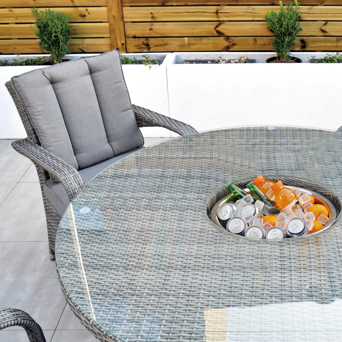 Aruba 120cm Round Table with Ice Bucket & 4 Bridge Arm Chairs Outdoor Set – Grey Black with Grey Cushions
