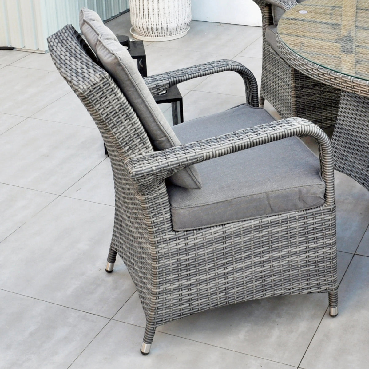 Aruba 120cm Round Table with Ice Bucket & 4 Bridge Arm Chairs Outdoor Set – Grey Black with Grey Cushions