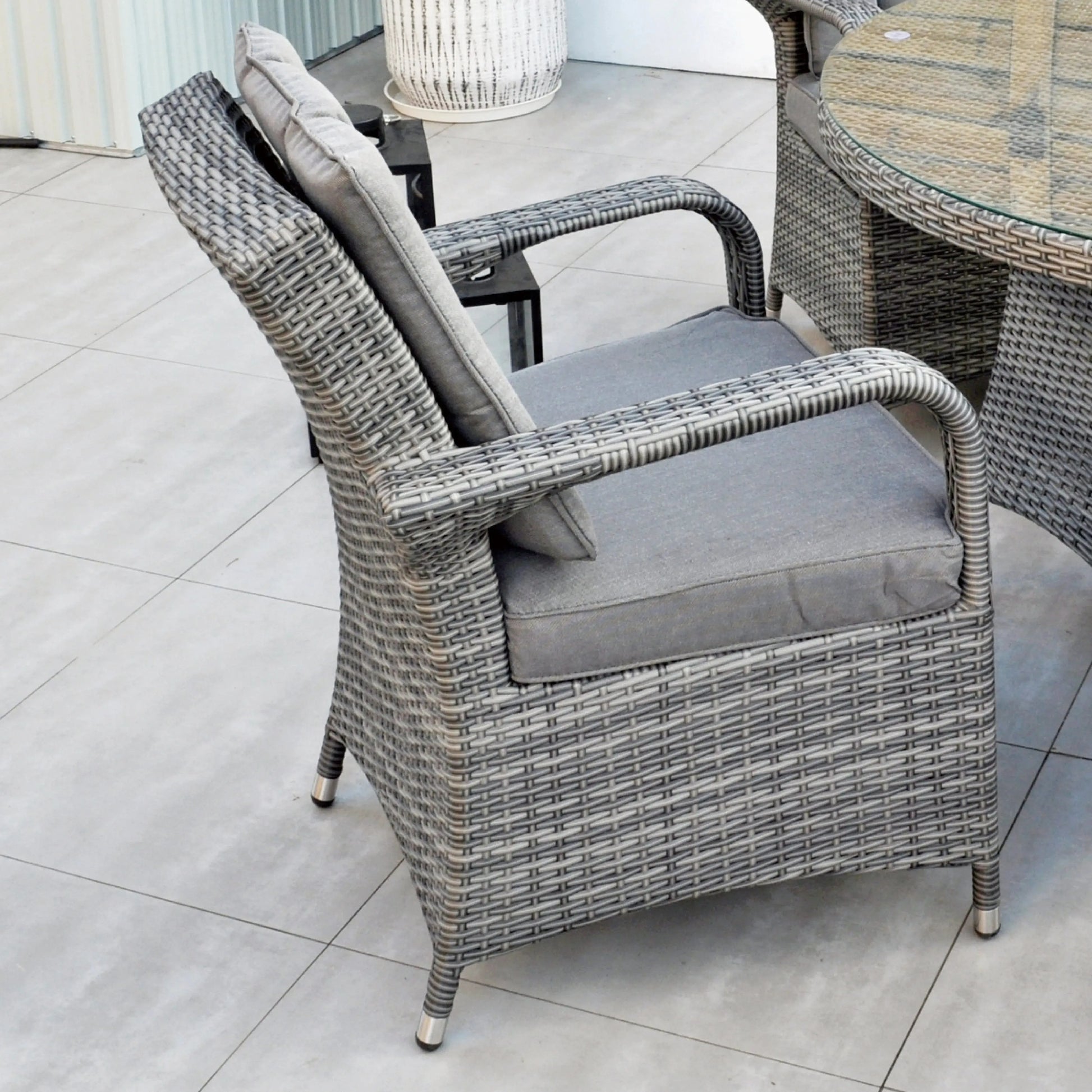 Aruba 120cm Round Table with Ice Bucket & 4 Bridge Arm Chairs Outdoor Set – Grey Black with Grey Cushions