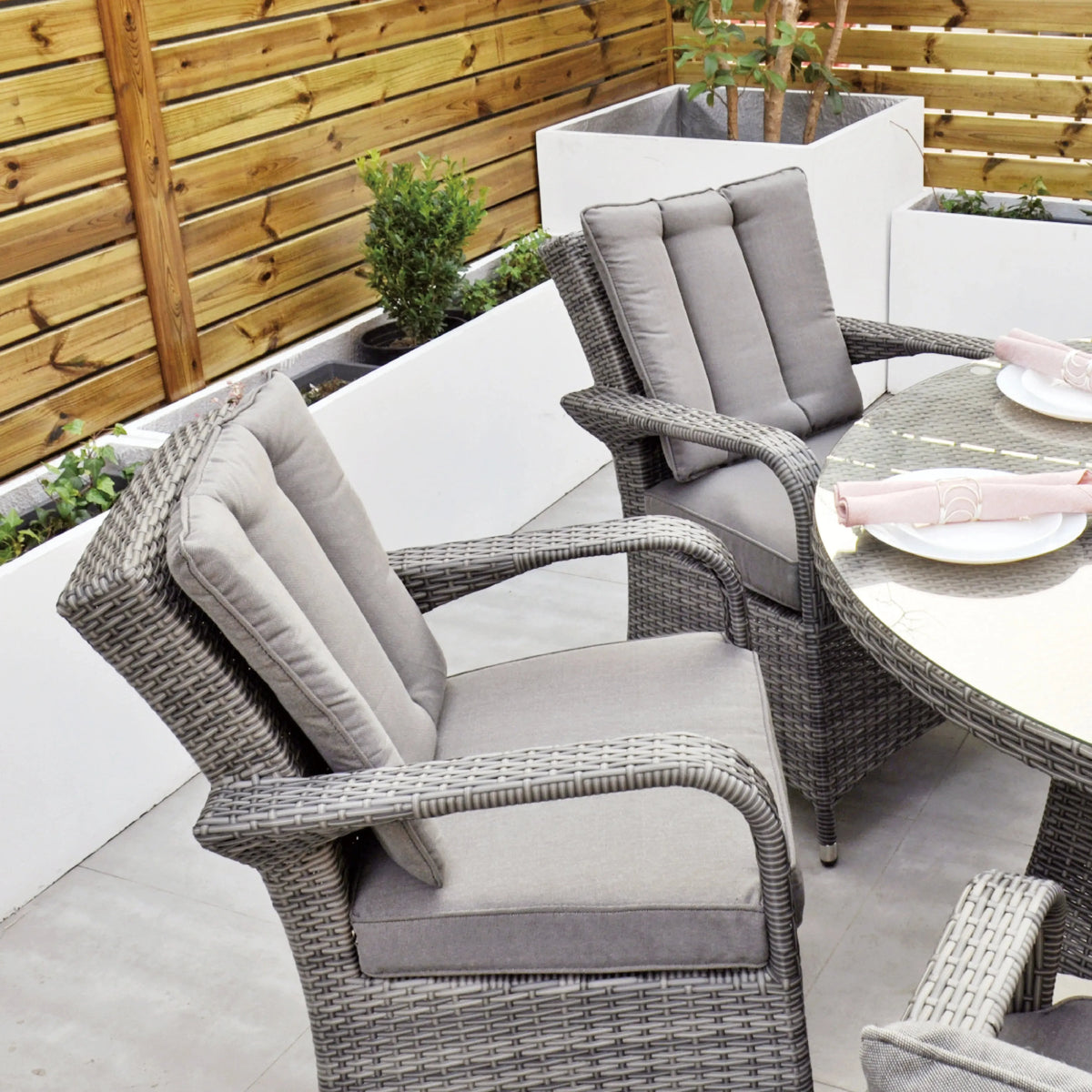 Aruba 120cm Round Table with Ice Bucket & 4 Bridge Arm Chairs Outdoor Set – Grey Black with Grey Cushions