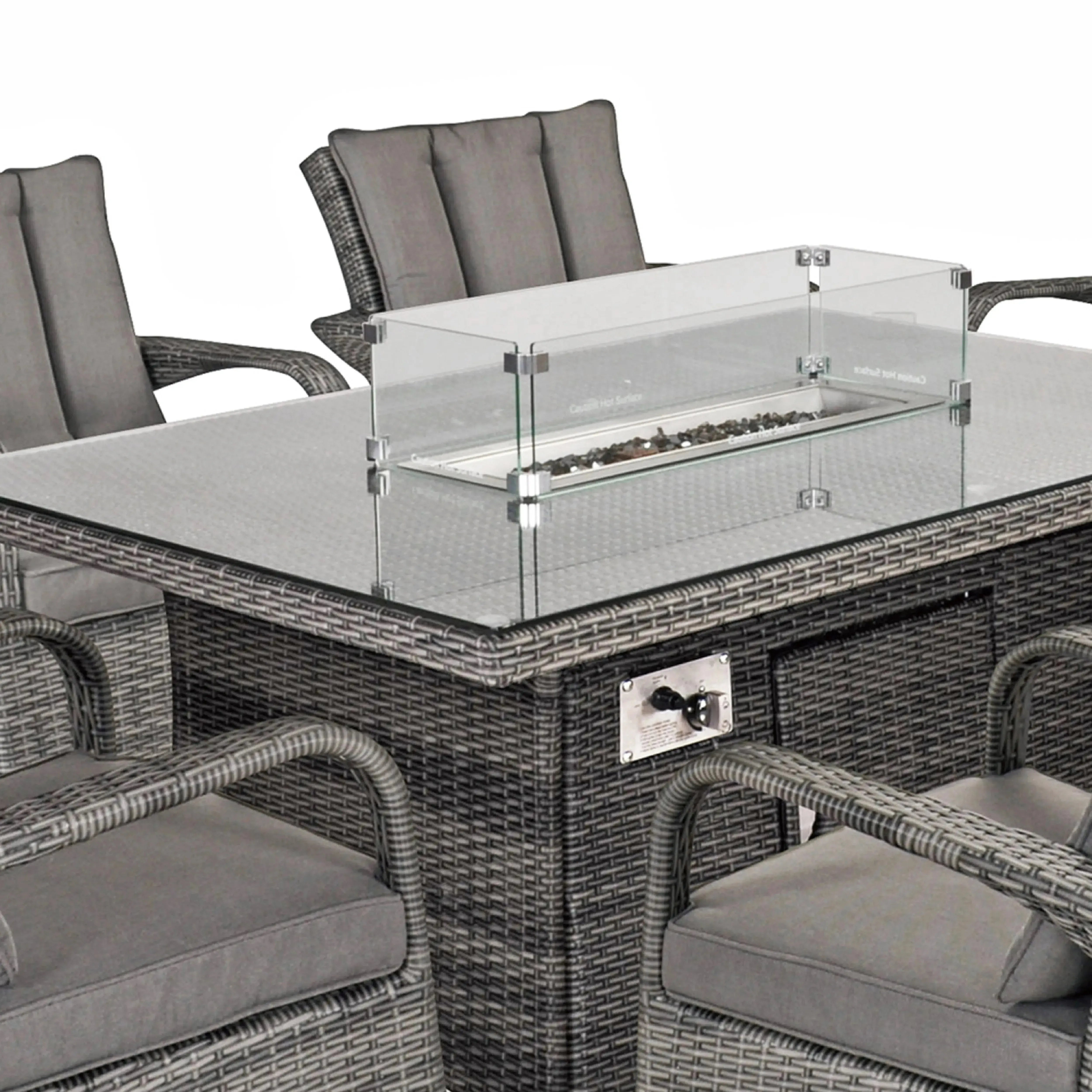 Aruba 150x100 Firepit Table & 6 Bridge Arm Chairs Outdoor Set – Grey Black with Grey Cushions