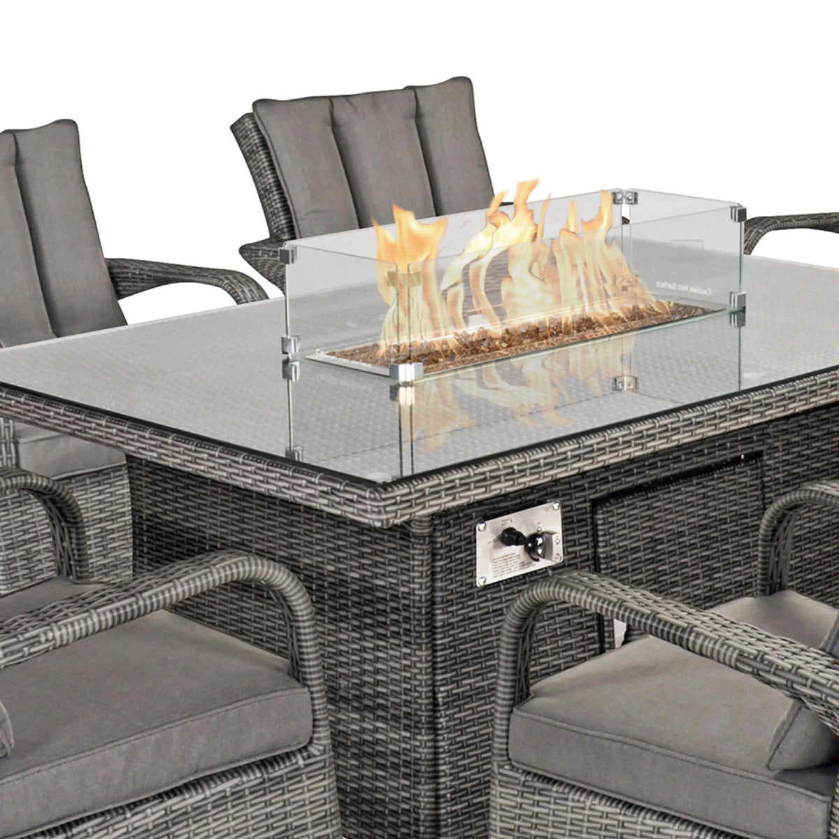Aruba 150x100 Firepit Table & 6 Bridge Arm Chairs Outdoor Set – Grey Black with Grey Cushions