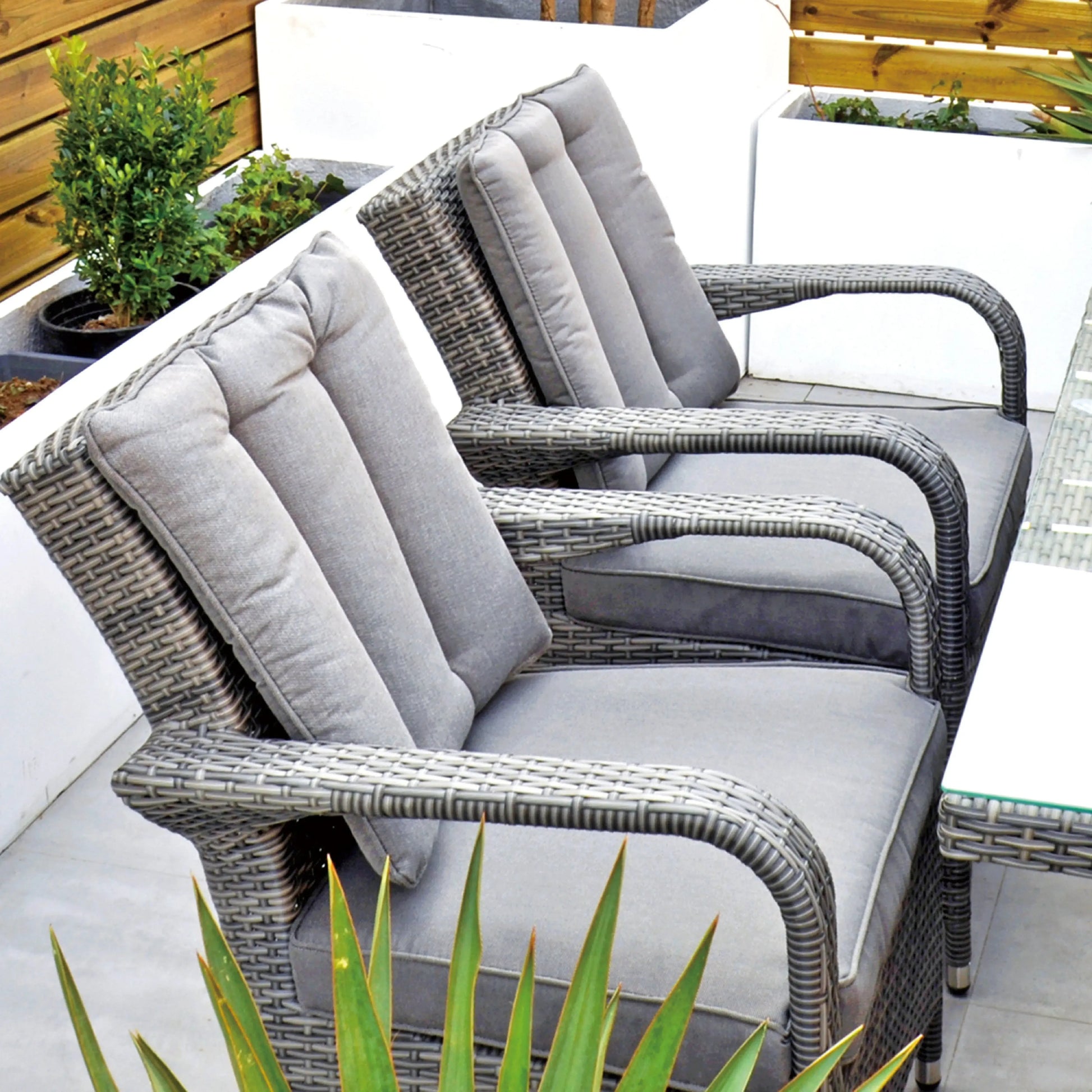 Aruba 150x100 Firepit Table & 6 Bridge Arm Chairs Outdoor Set – Grey Black with Grey Cushions