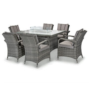 Aruba 150x100 Firepit Table & 6 Bridge Arm Chairs Outdoor Set – Grey Black with Grey Cushions