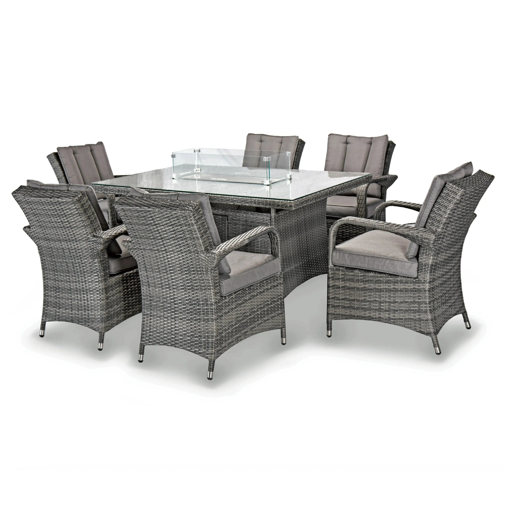 Aruba 150x100 Firepit Table & 6 Bridge Arm Chairs Outdoor Set – Grey Black with Grey Cushions