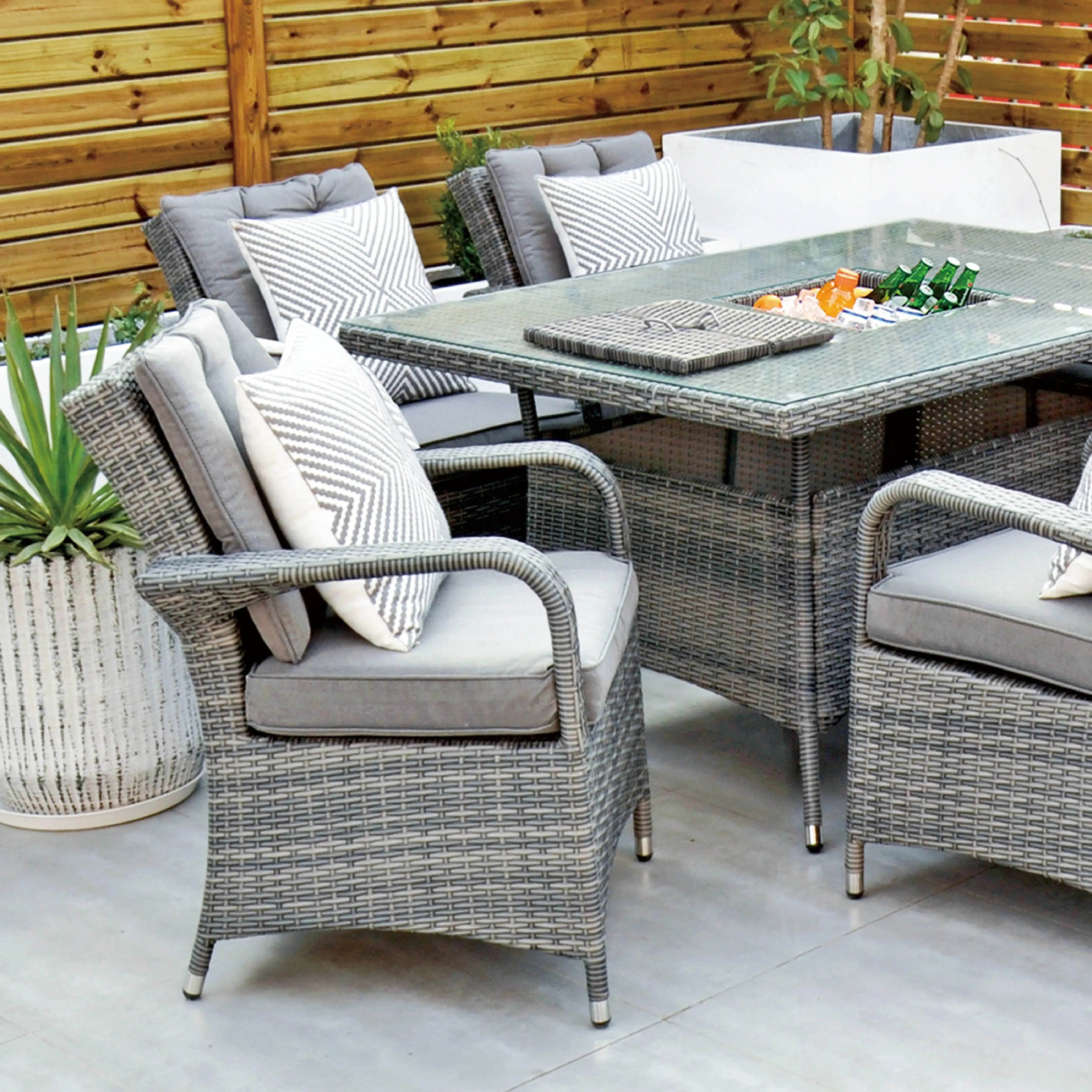 Aruba 150x100 Table with Ice Bucket & 6 Bridge Arm Chairs Outdoor Set – Grey Black with Grey Cushions