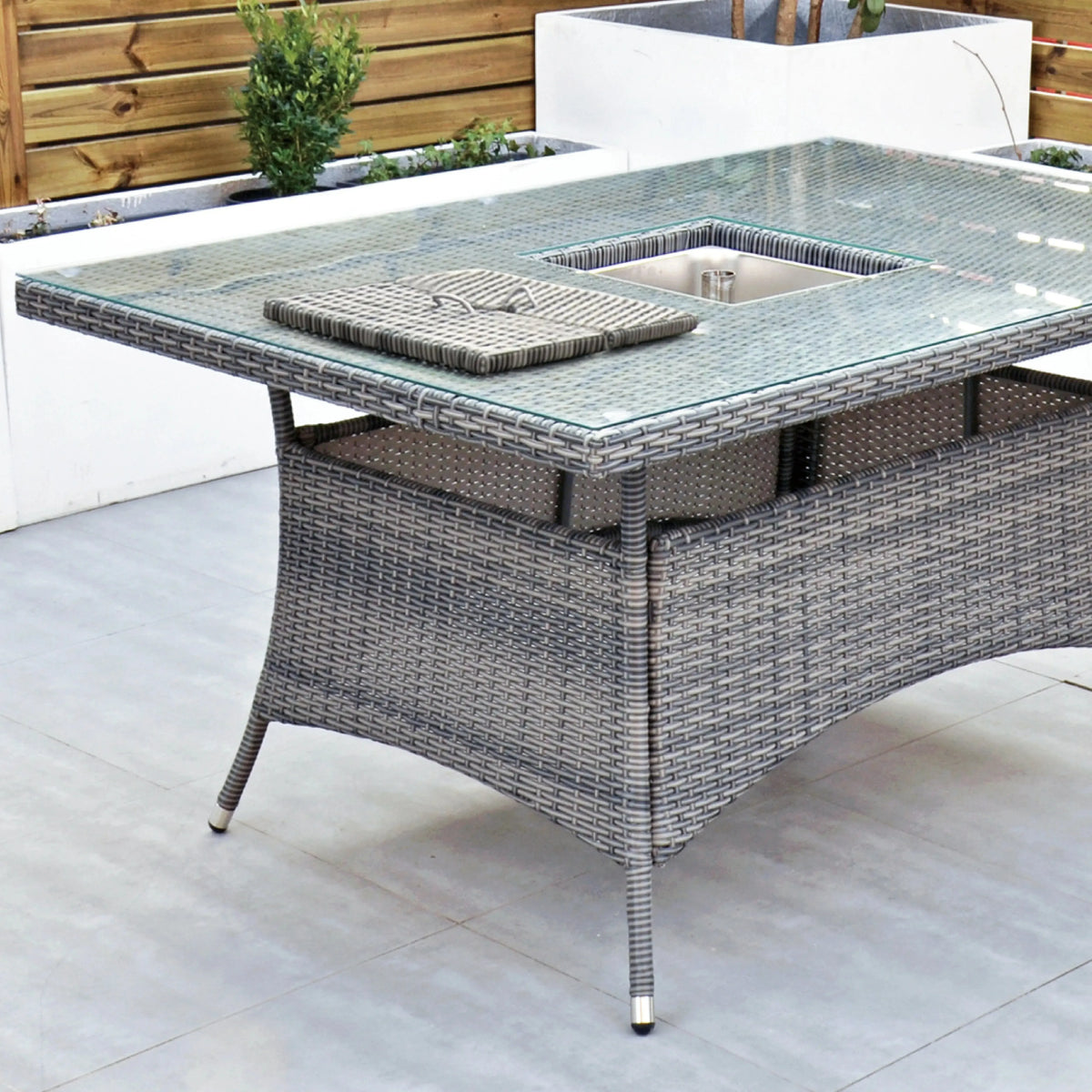 Aruba 150x100 Table with Ice Bucket & 6 Bridge Arm Chairs Outdoor Set – Grey Black with Grey Cushions