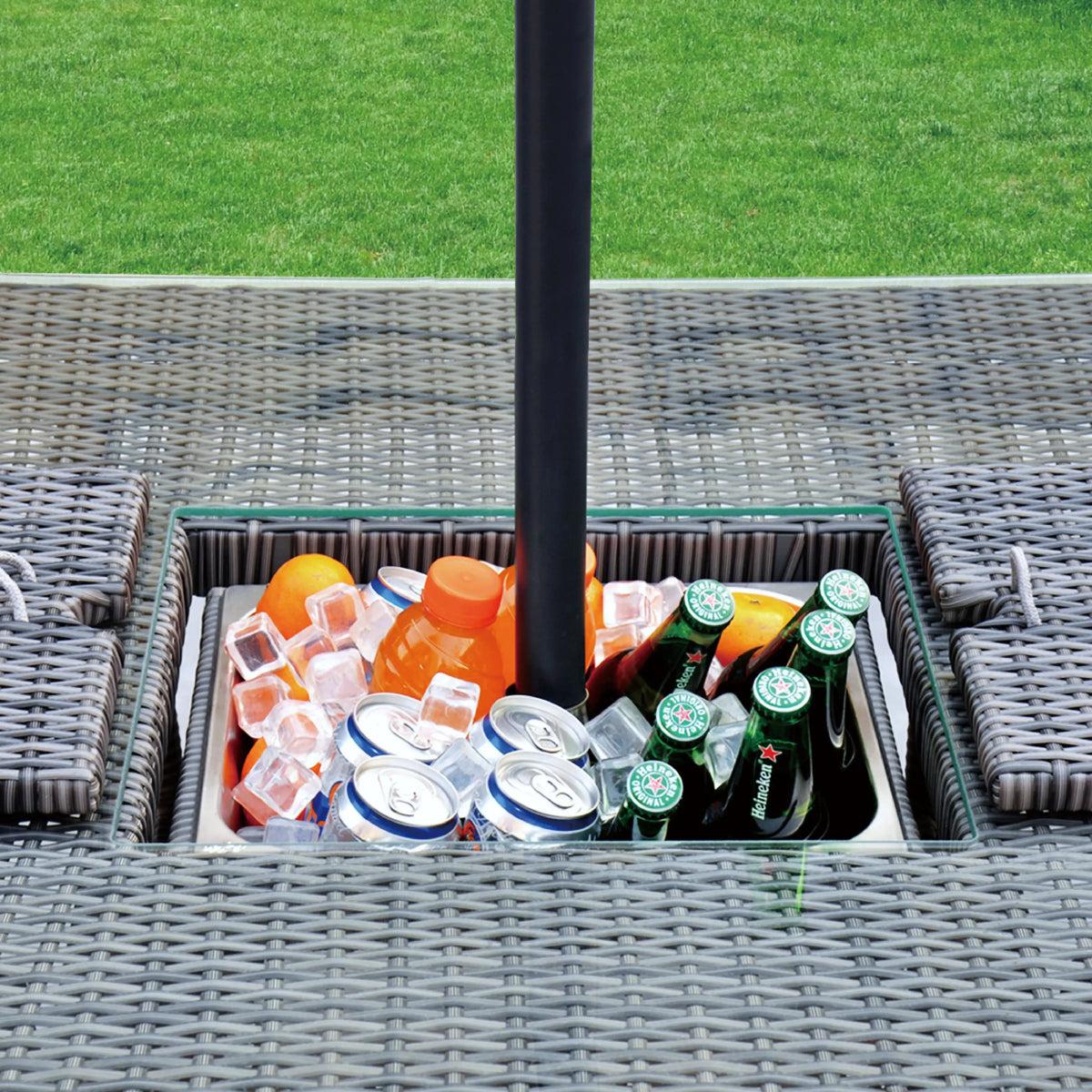 Aruba 150x100 Table with Ice Bucket & 6 Bridge Arm Chairs Outdoor Set – Grey Black with Grey Cushions