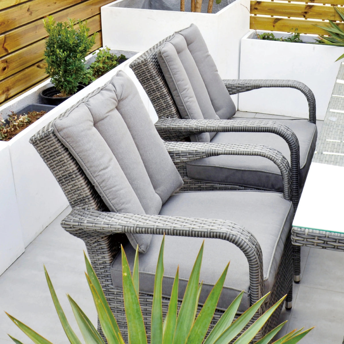 Aruba 150x100 Table with Ice Bucket & 6 Bridge Arm Chairs Outdoor Set – Grey Black with Grey Cushions