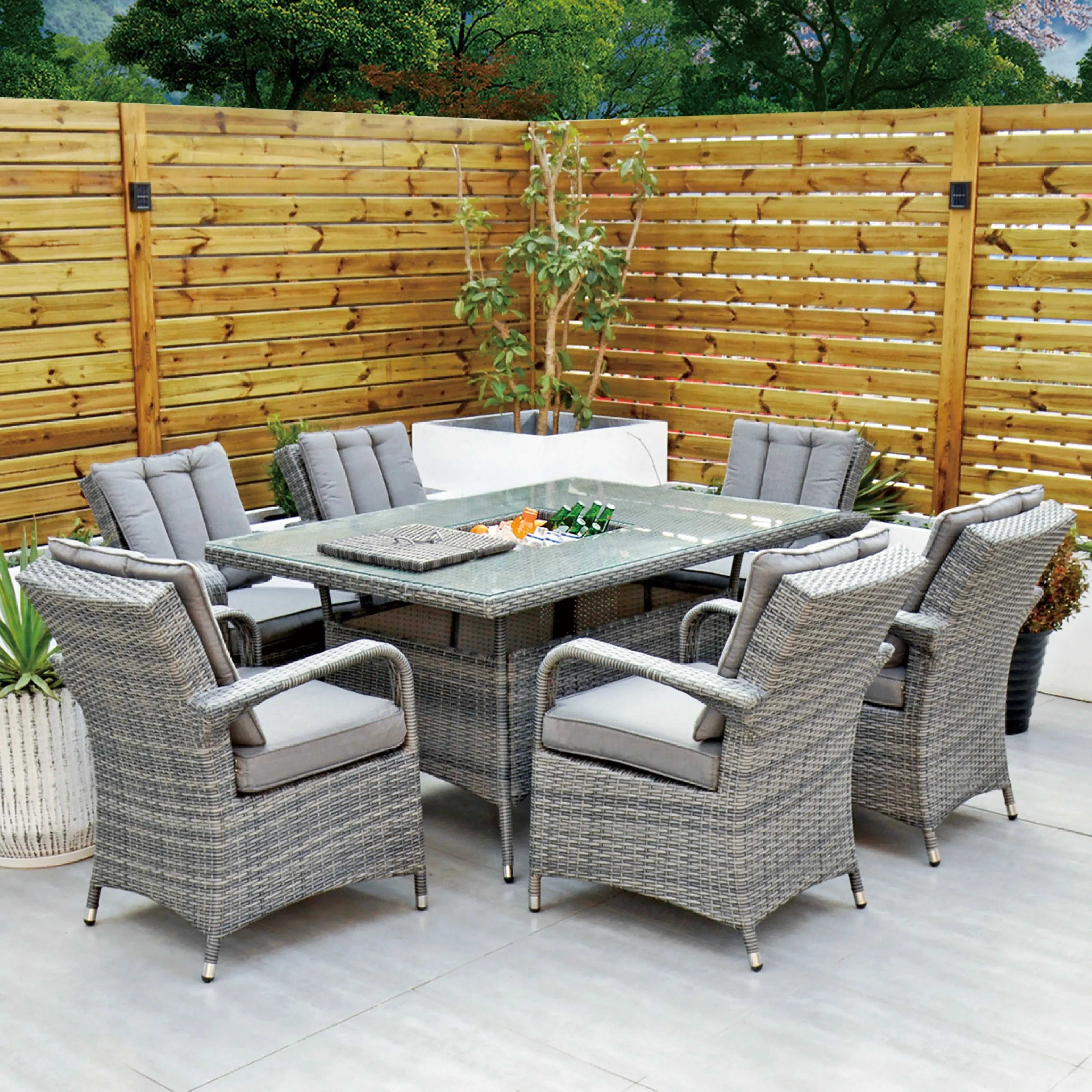 Aruba 150x100 Table with Ice Bucket & 6 Bridge Arm Chairs Outdoor Set – Grey Black with Grey Cushions