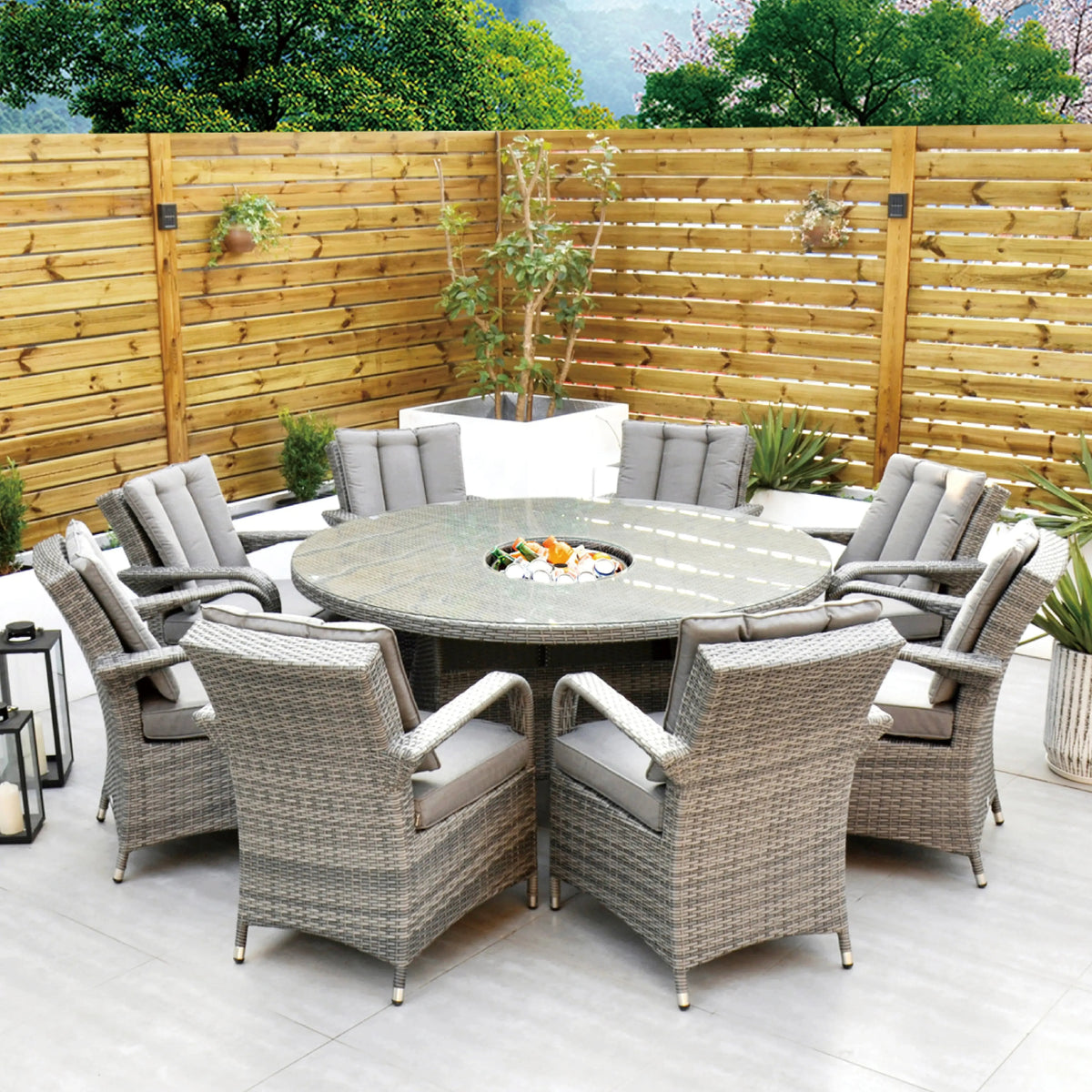 Aruba 155cm Round Table with Ice Bucket & 6 Bridge Arm Chairs Outdoor Set – Grey Black with Grey Cushions