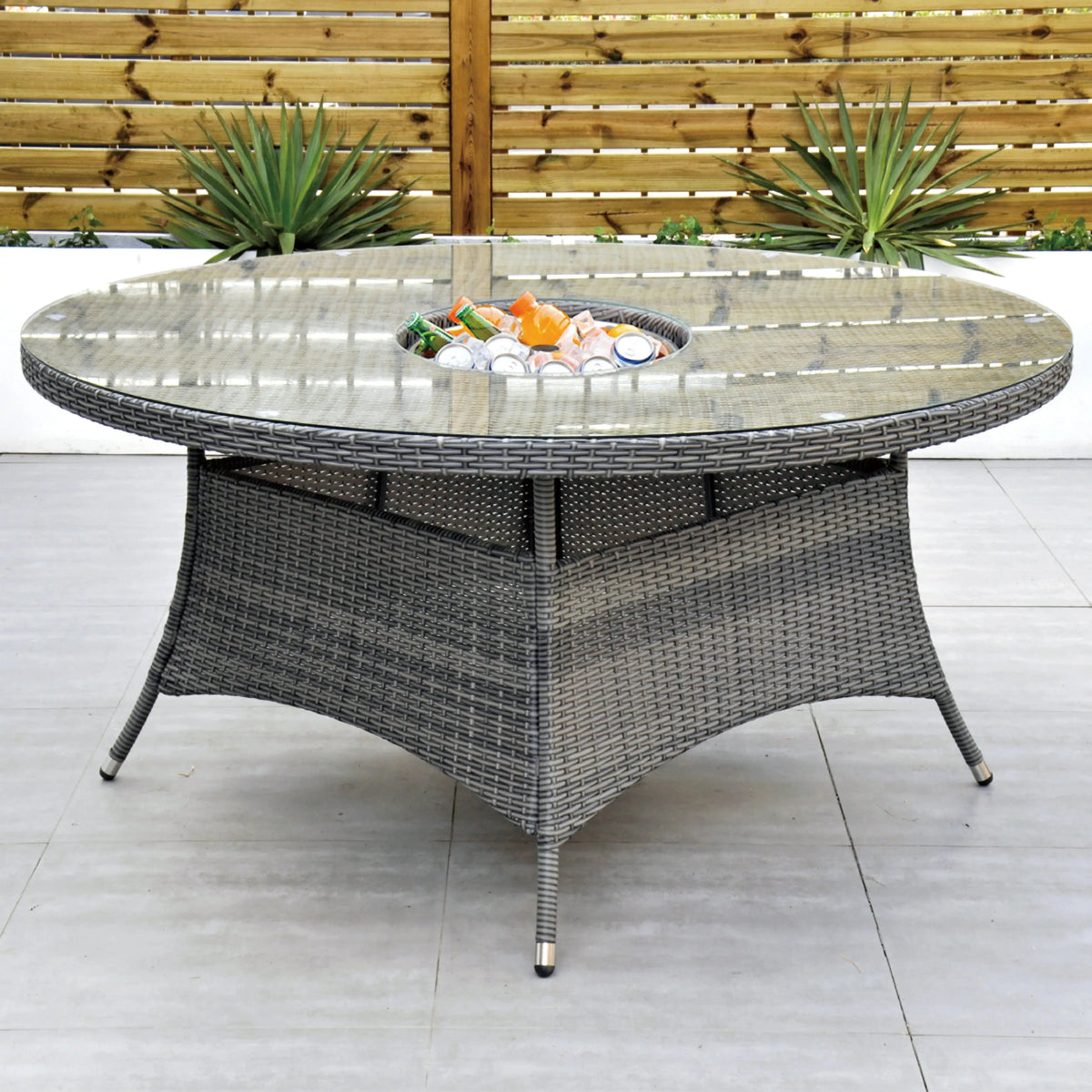 Aruba 155cm Round Table with Ice Bucket & 6 Bridge Arm Chairs Outdoor Set – Grey Black with Grey Cushions