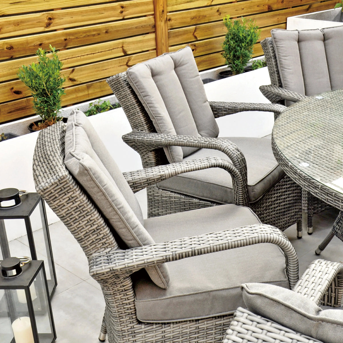 Aruba 155cm Round Table with Ice Bucket & 6 Bridge Arm Chairs Outdoor Set – Grey Black with Grey Cushions