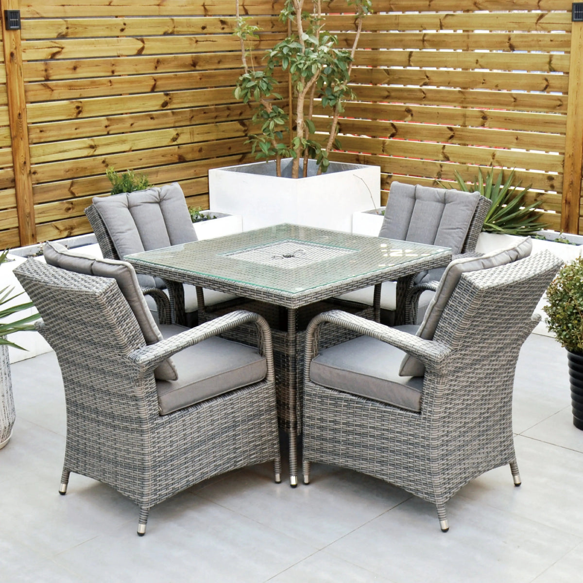 Aruba 90cm Square Table with Ice Bucket & 4 Reclining Chairs Outdoor Set – Grey Black with Grey Cushions