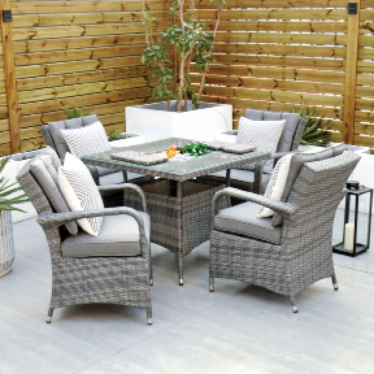Aruba 90cm Square Table with Ice Bucket & 4 Reclining Chairs Outdoor Set – Grey Black with Grey Cushions