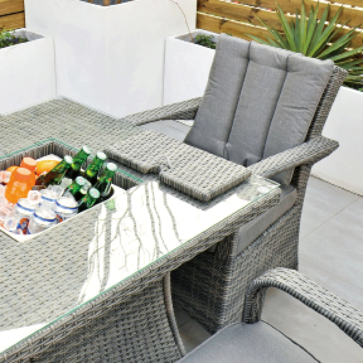 Aruba 90cm Square Table with Ice Bucket & 4 Reclining Chairs Outdoor Set – Grey Black with Grey Cushions