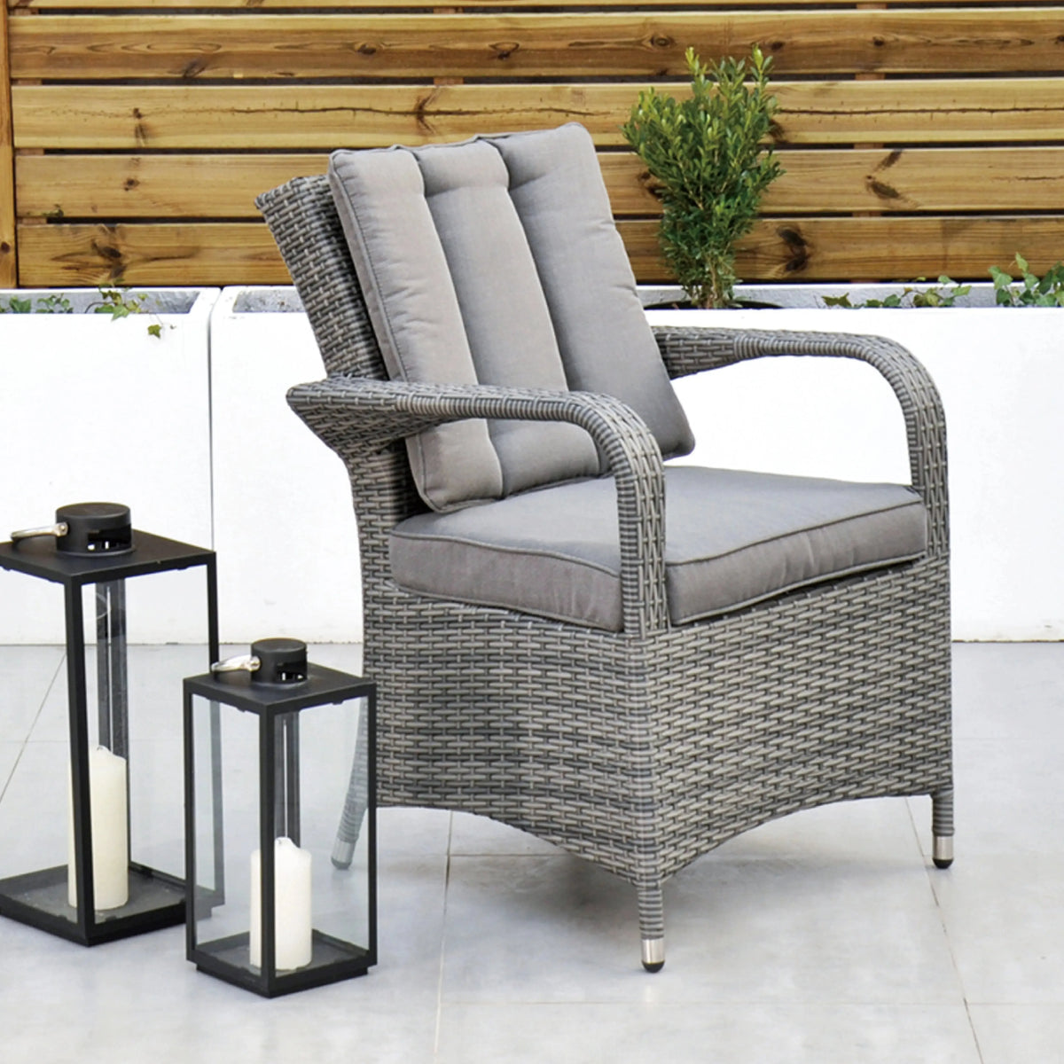 Aruba 90cm Square Table with Ice Bucket & 4 Reclining Chairs Outdoor Set – Grey Black with Grey Cushions