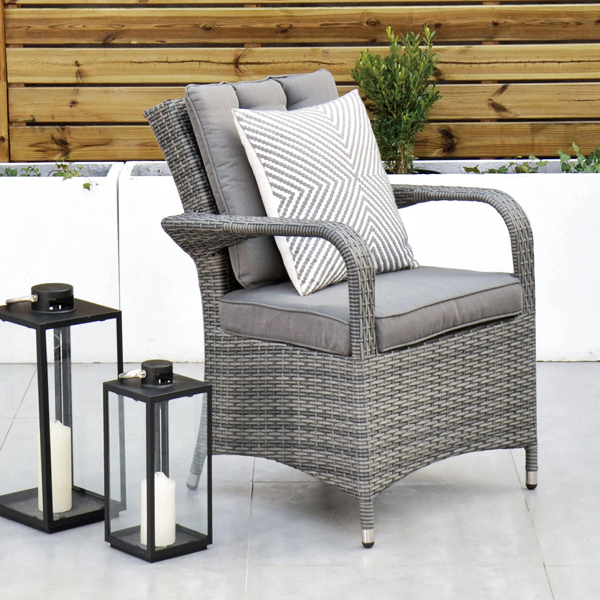 Aruba 90cm Square Table with Ice Bucket & 4 Reclining Chairs Outdoor Set – Grey Black with Grey Cushions