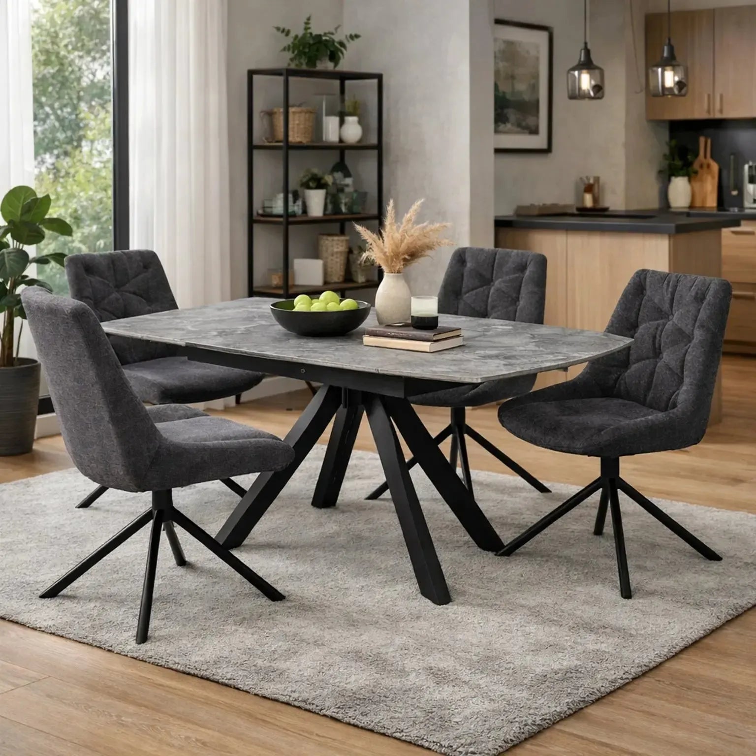 Brent Grey Dining Table and 4 Huxley Dark Grey Dining Chairs
