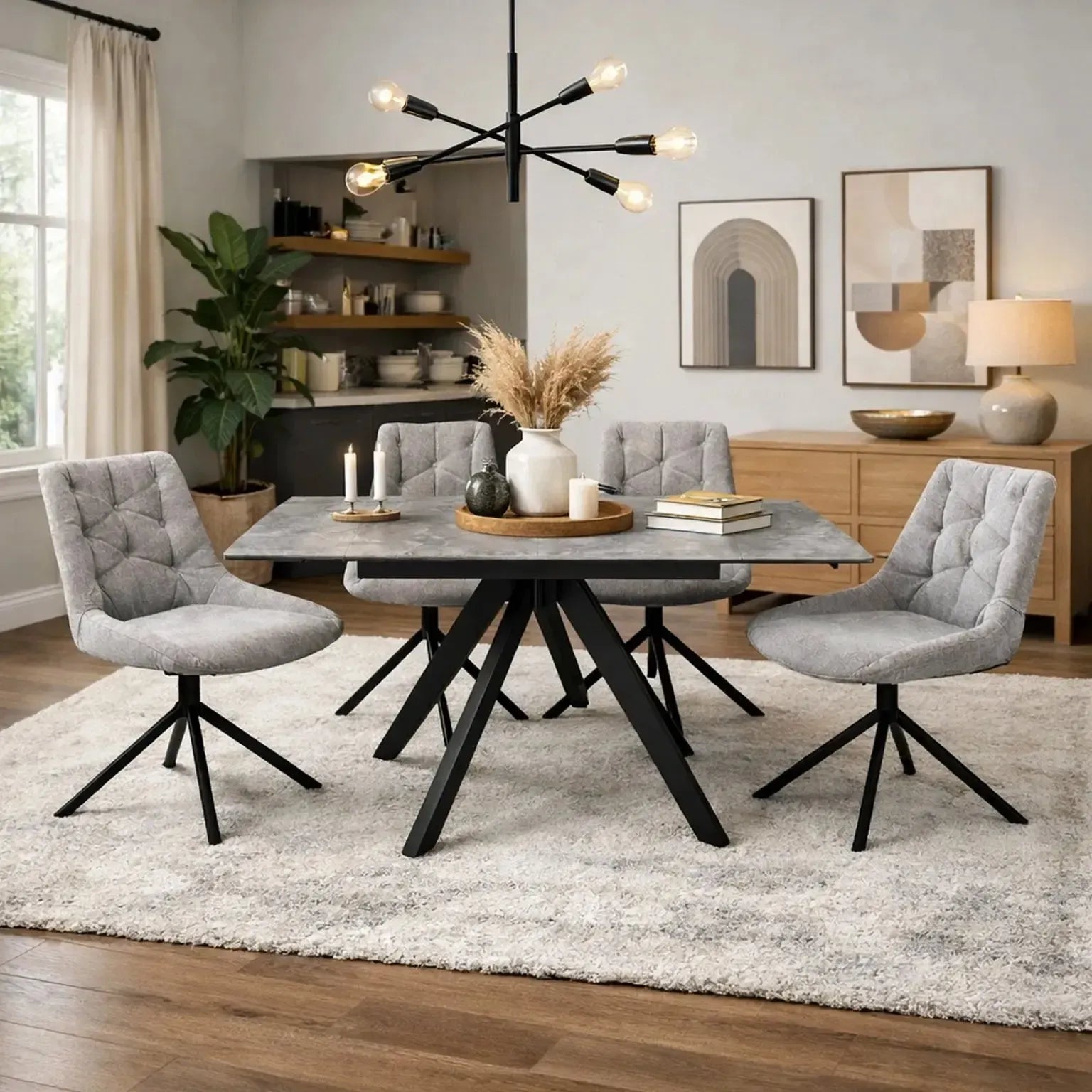 Brent Grey Dining Table and 4 Huxley Light Grey Dining Chairs