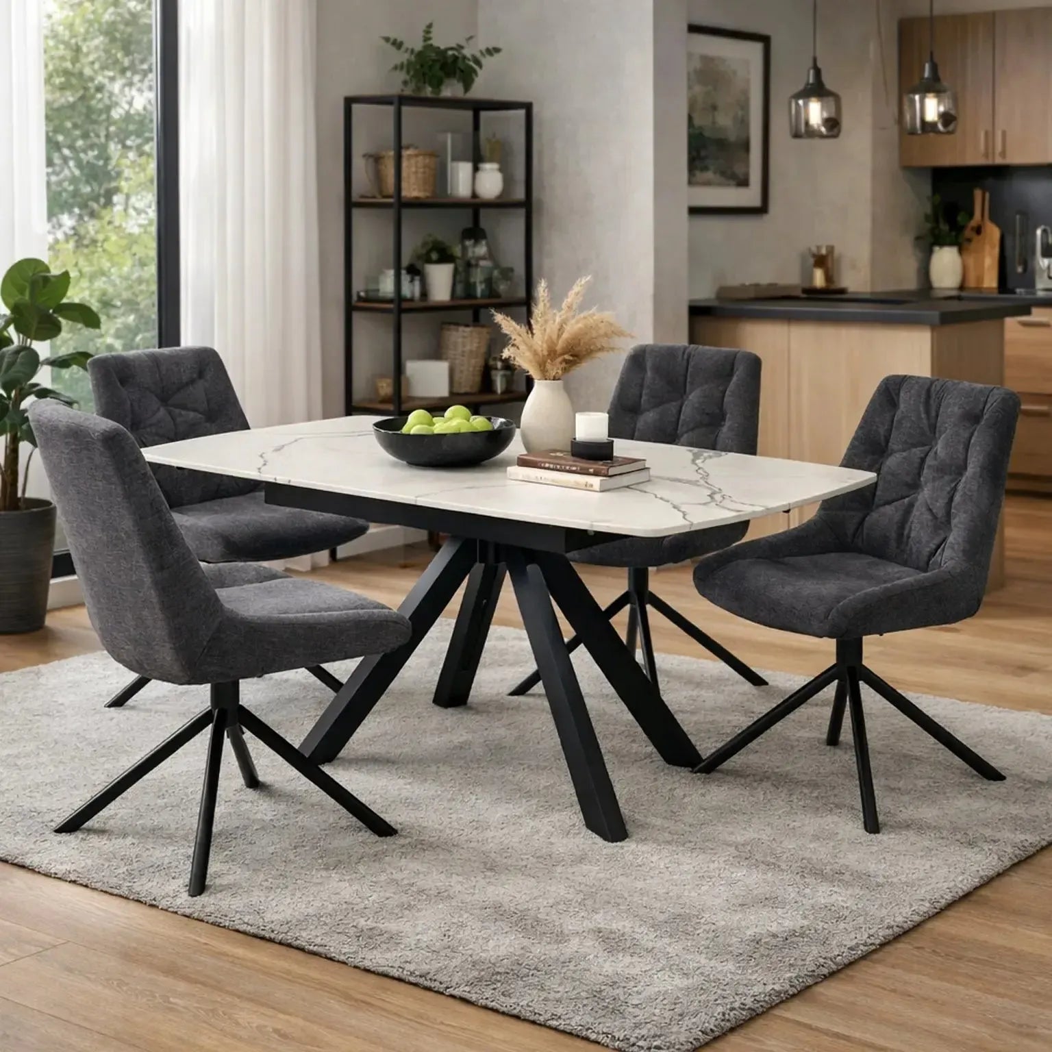 Brent White Dining Table and 4 Huxley Dark Grey Dining Chairs