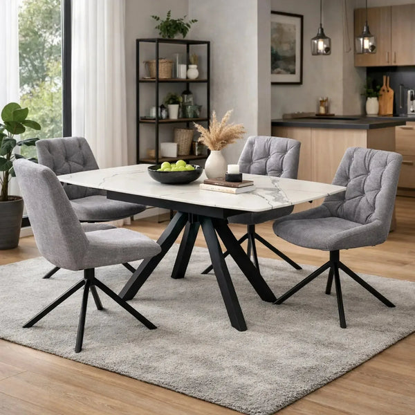 Brent White Dining Table and 4 Huxley Light Grey Dining Chairs
