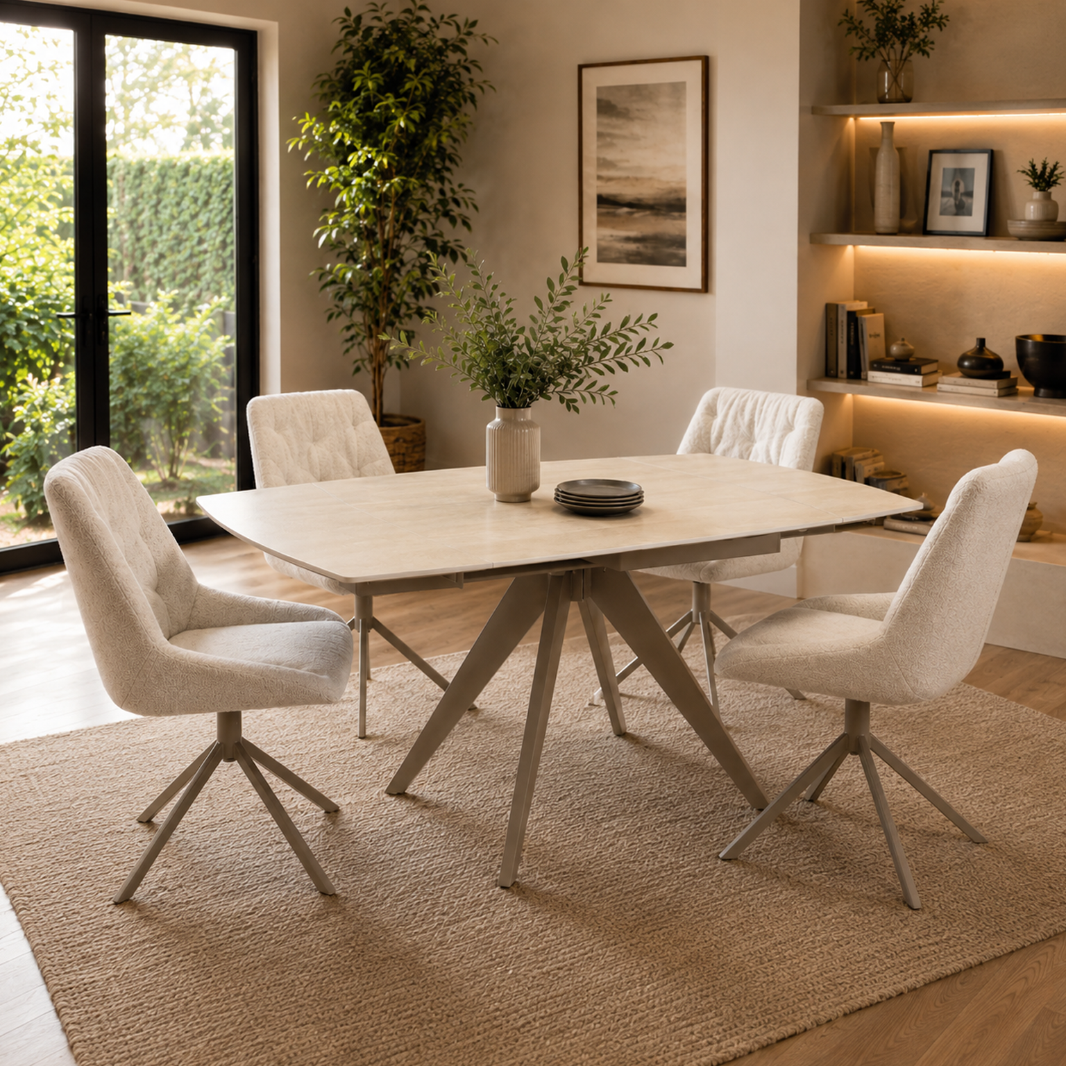 Brent Beige Ext Dining Table and 4 Huxley beige Dining Chairs