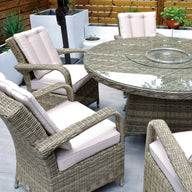 Cancun 135cm Round Table with Lazy Susan & 6 Bridge Arm Chairs Outdoor Set – Natural with Beige Cushions