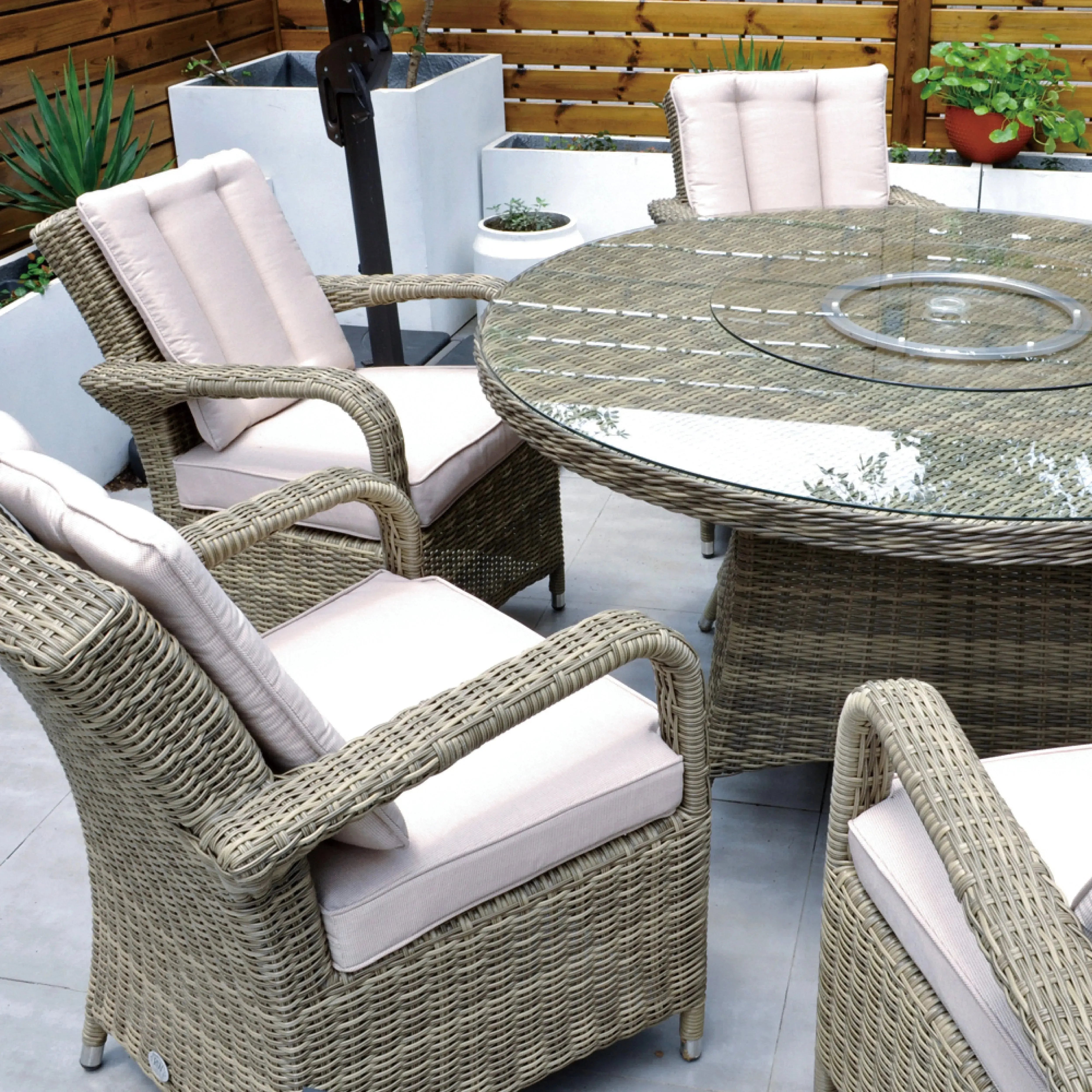 Cancun 135cm Round Table with Lazy Susan & 6 Bridge Arm Chairs Outdoor Set – Natural with Beige Cushions