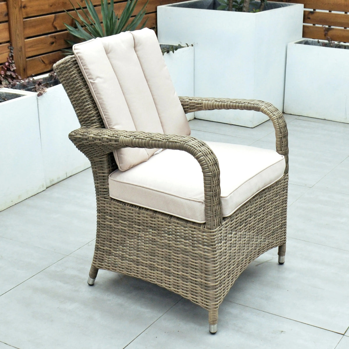 Cancun 70cm Round Table & 2 Bridge Arm Chairs Outdoor Set – Natural with Beige Cushions