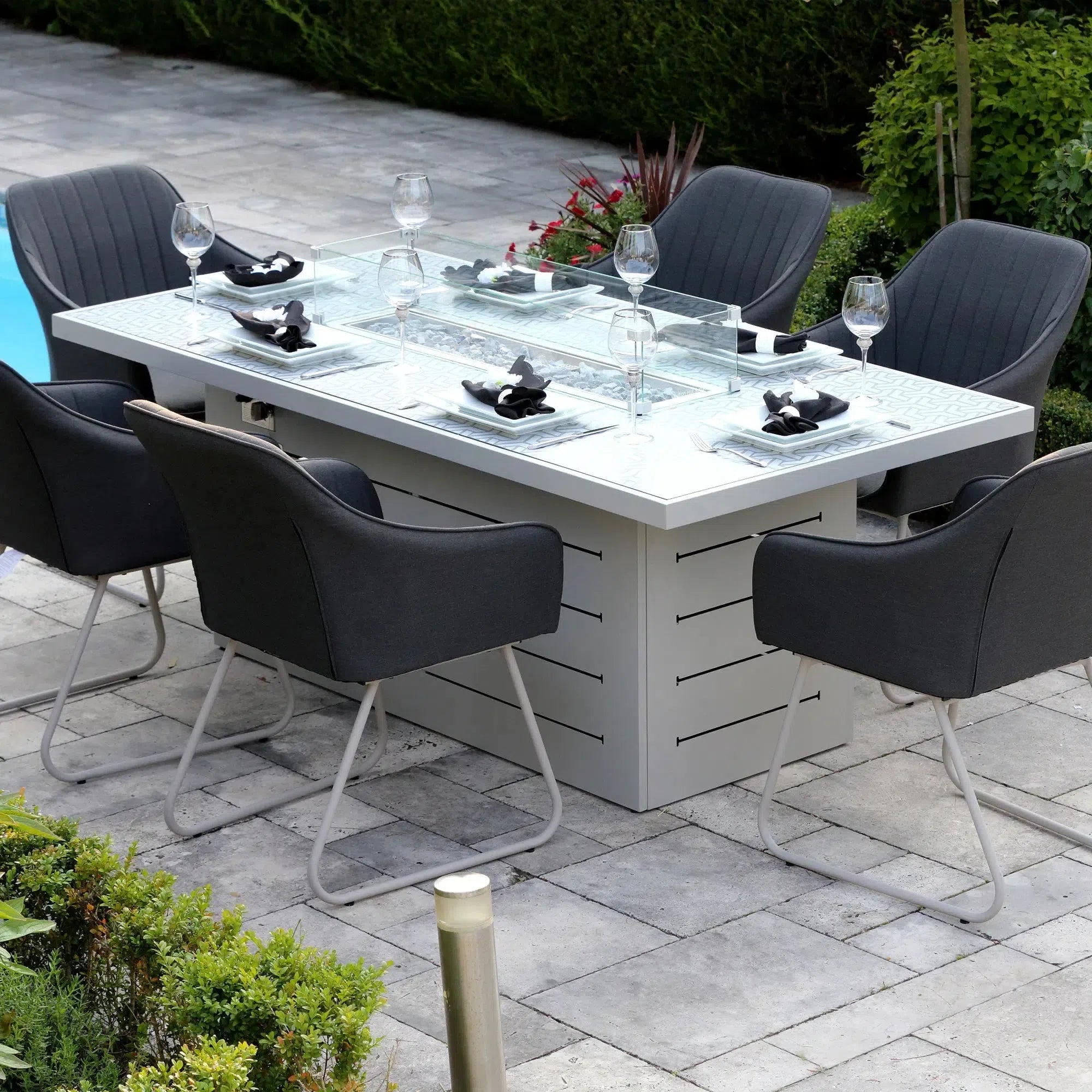 Capri Patterned Grey Rectangle Firepit Table & 6 Dark Grey Dining Chairs