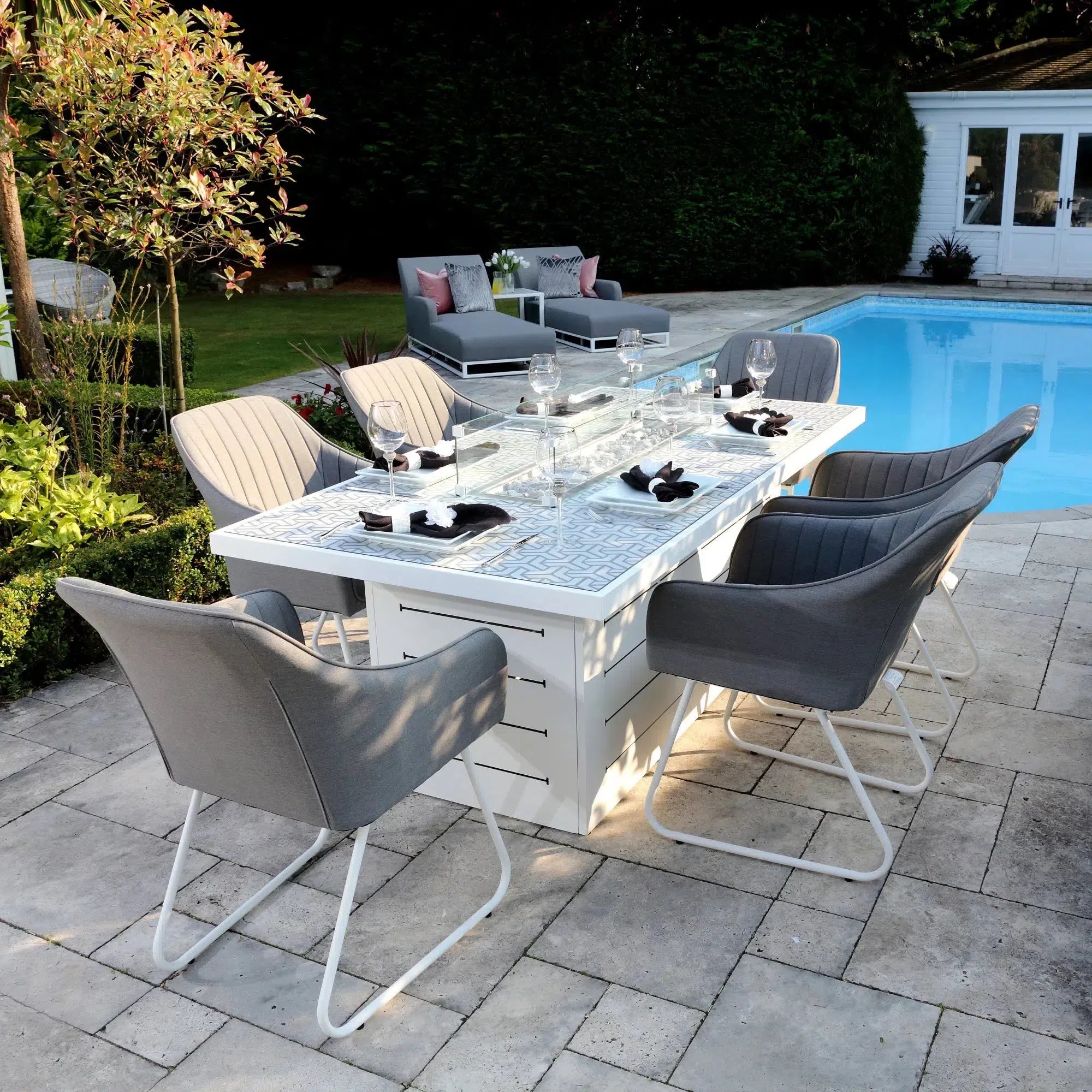 Capri Patterned White Rectangle Firepit Table & 6 Light Grey Dining Chairs