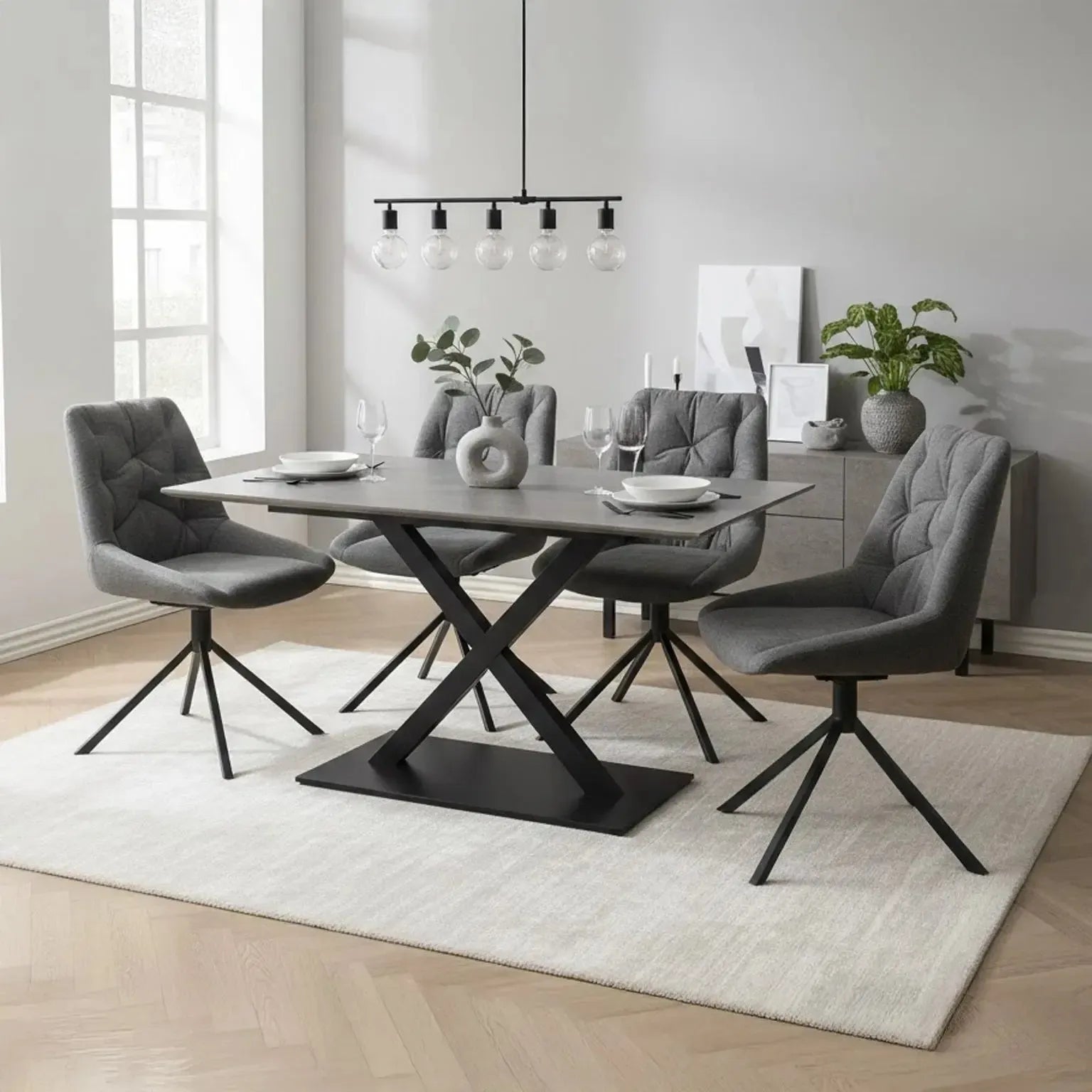 Carrera 1.8 Grey Dining Table and 4 Dark Grey Huxley Chairs