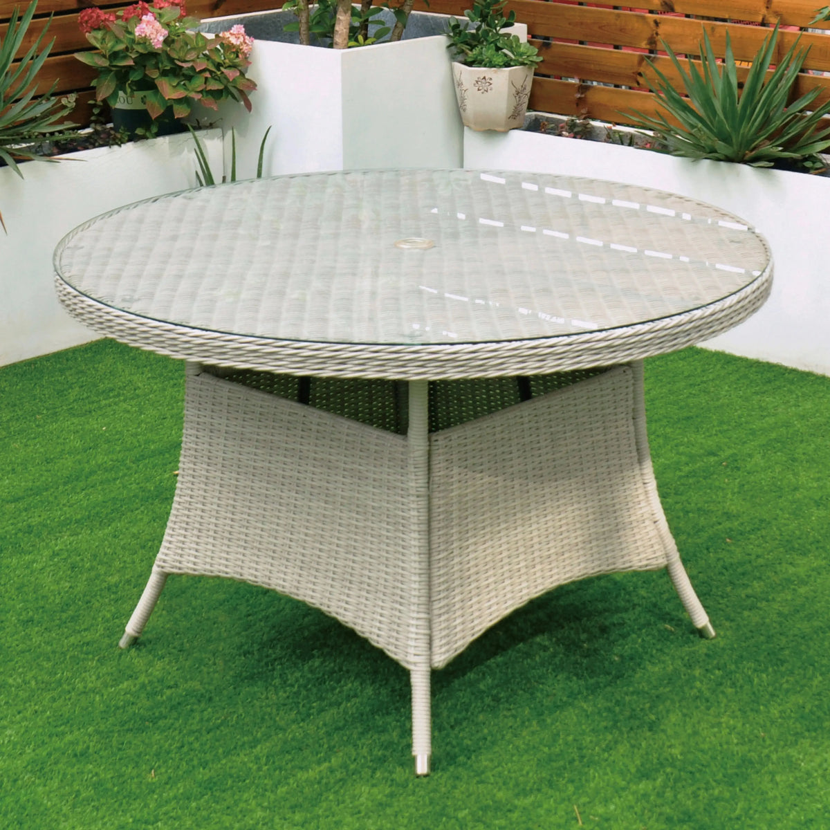 Cuba 120cm Round Table & 4 Bridge Arm Chairs Outdoor Set – White Washed with Grey Cushions