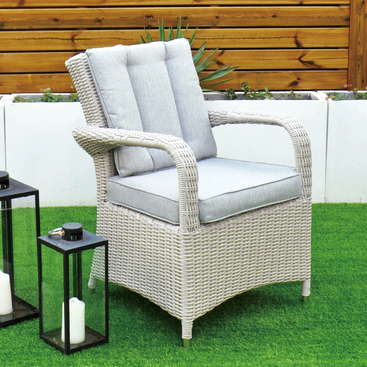 Cuba 120cm Round Table & 4 Bridge Arm Chairs Outdoor Set – White Washed with Grey Cushions