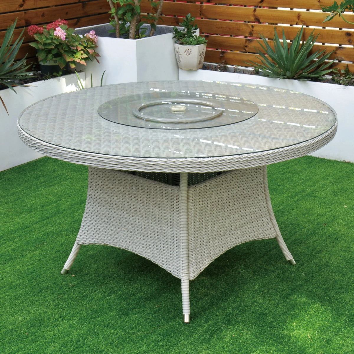 Cuba 135cm Round Table with Lazy Susan & 6 Bridge Arm Chairs Outdoor Set – White Washed with Grey Cushions