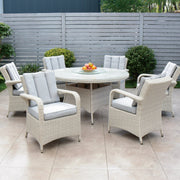 Cuba 135cm Round Table with Lazy Susan & 6 Bridge Arm Chairs Outdoor Set – White Washed with Grey Cushions