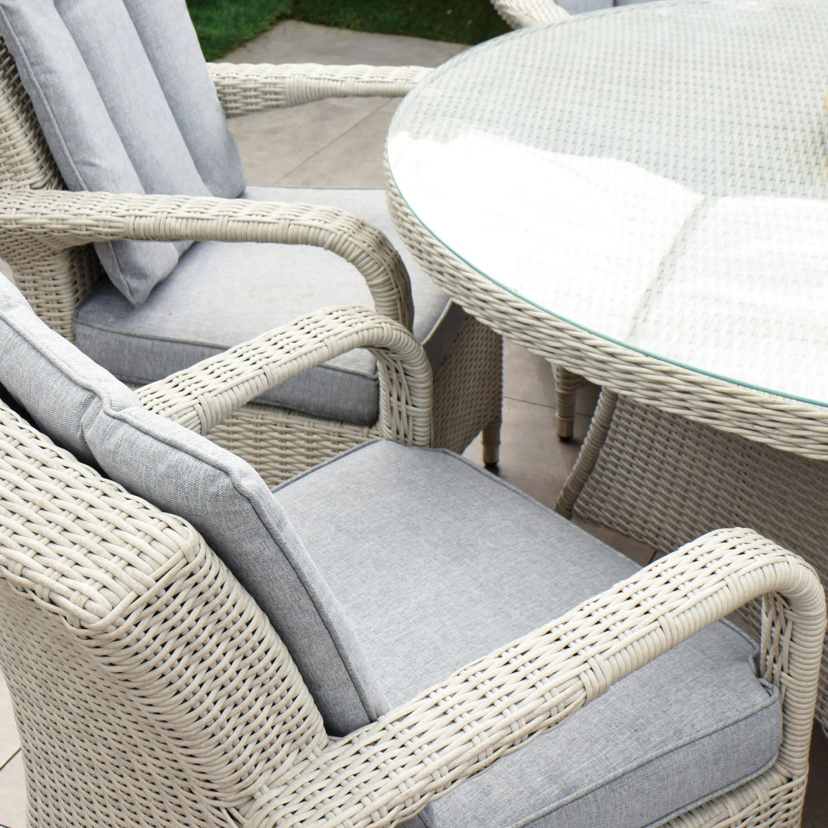 Cuba 135cm Round Table with Lazy Susan & 6 Bridge Arm Chairs Outdoor Set – White Washed with Grey Cushions