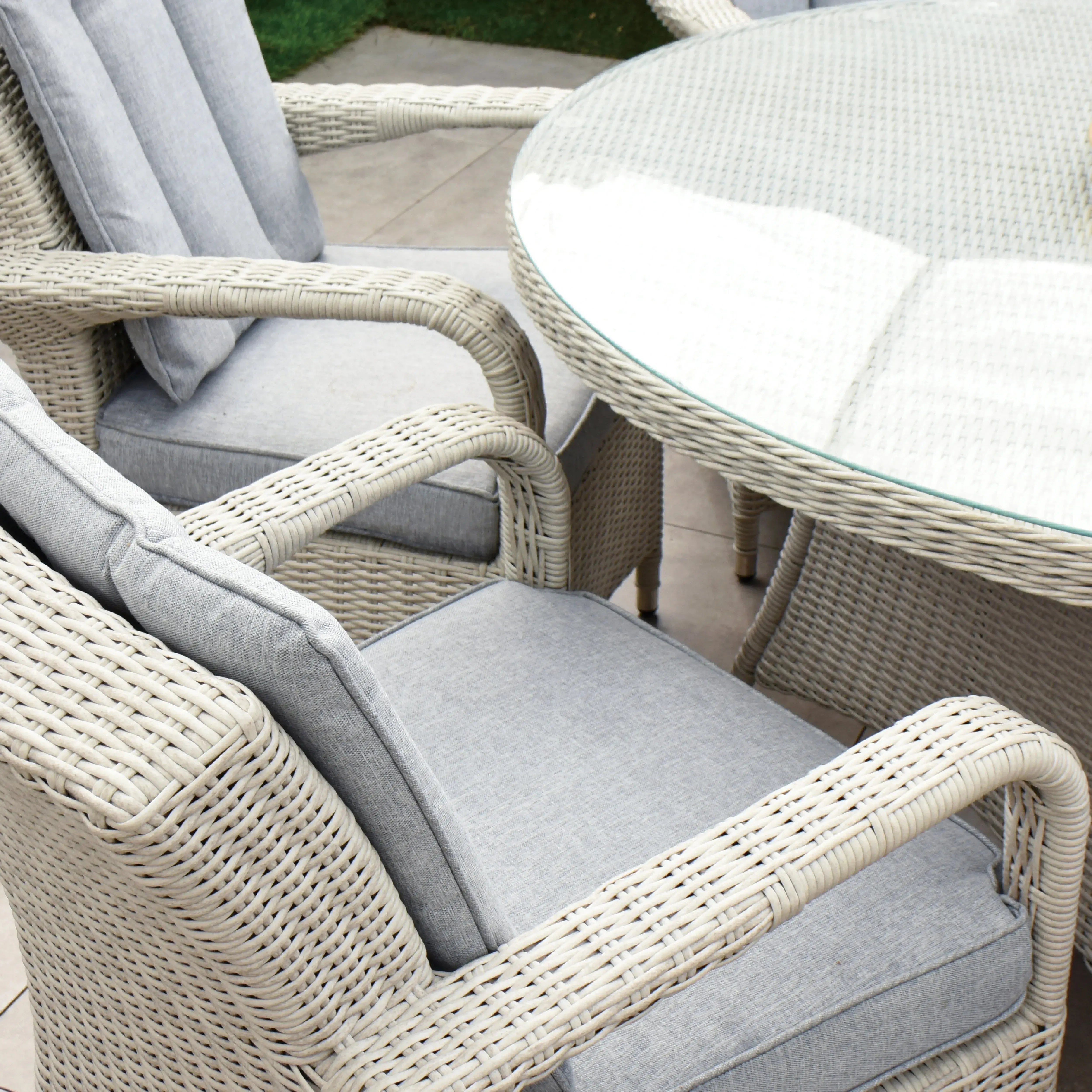 Cuba 135cm Round Table with Lazy Susan & 6 Bridge Arm Chairs Outdoor Set – White Washed with Grey Cushions