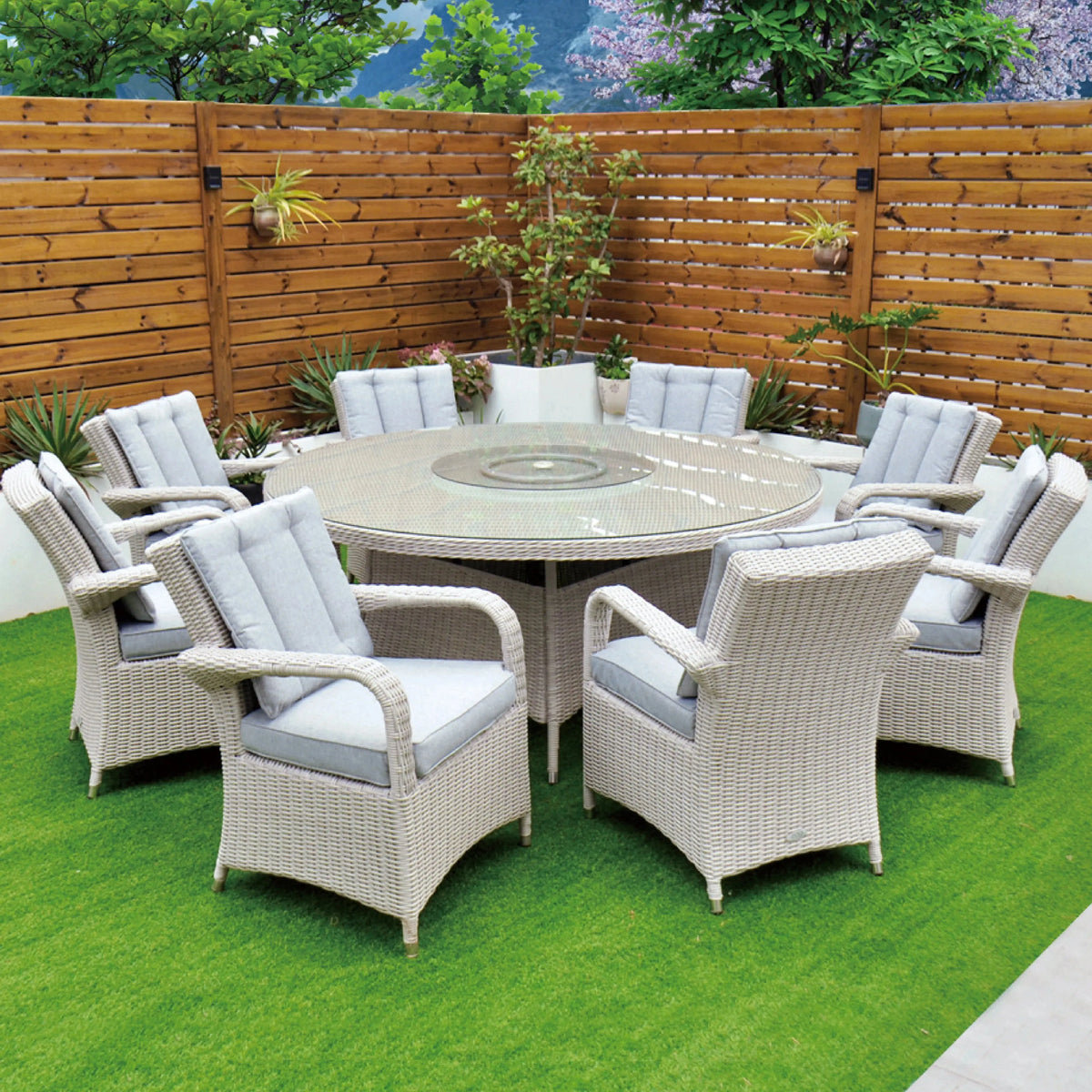 Cuba 170cm Round Table with Lazy Susan & 8 Bridge Arm Chairs Outdoor Set – White Washed with Grey Cushions