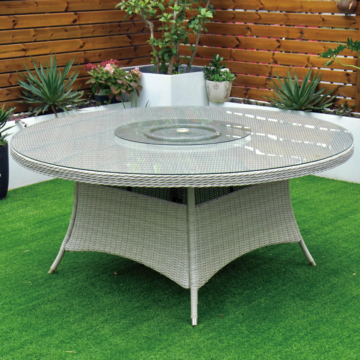Cuba 170cm Round Table with Lazy Susan & 8 Bridge Arm Chairs Outdoor Set – White Washed with Grey Cushions