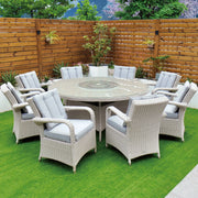 Cuba 170cm Round Table with Lazy Susan & 8 Bridge Arm Chairs Outdoor Set – White Washed with Grey Cushions