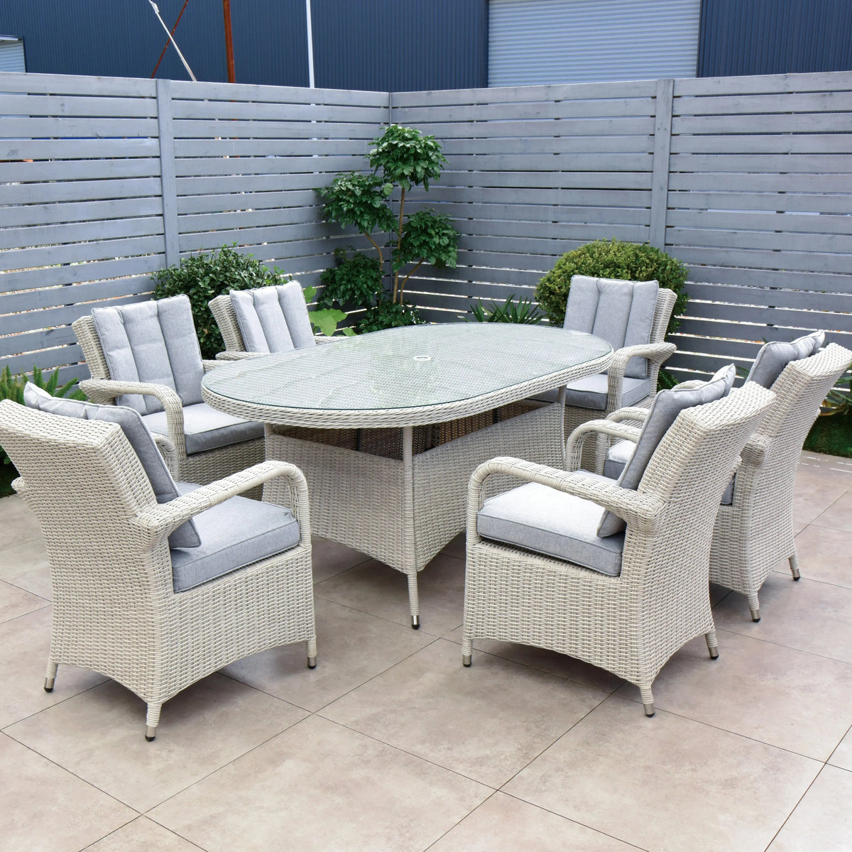 Cuba 180x100 Oval Table & 6 Bridge Arm Chairs Outdoor Set – White Washed with Grey Cushions