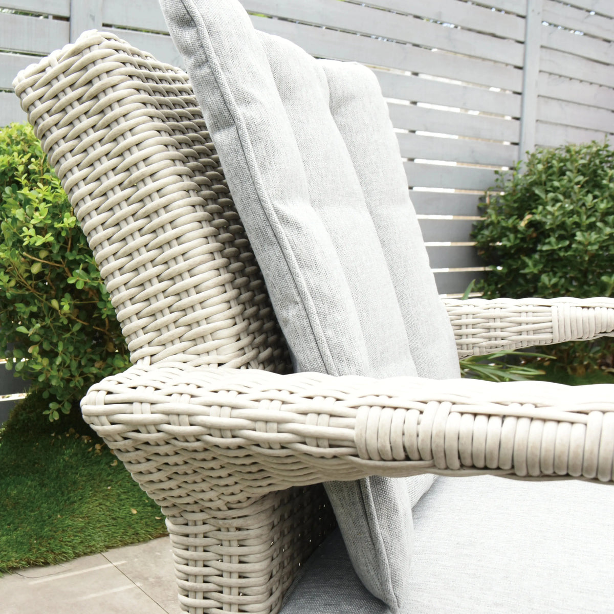 Cuba 180x100 Oval Table & 6 Bridge Arm Chairs Outdoor Set – White Washed with Grey Cushions