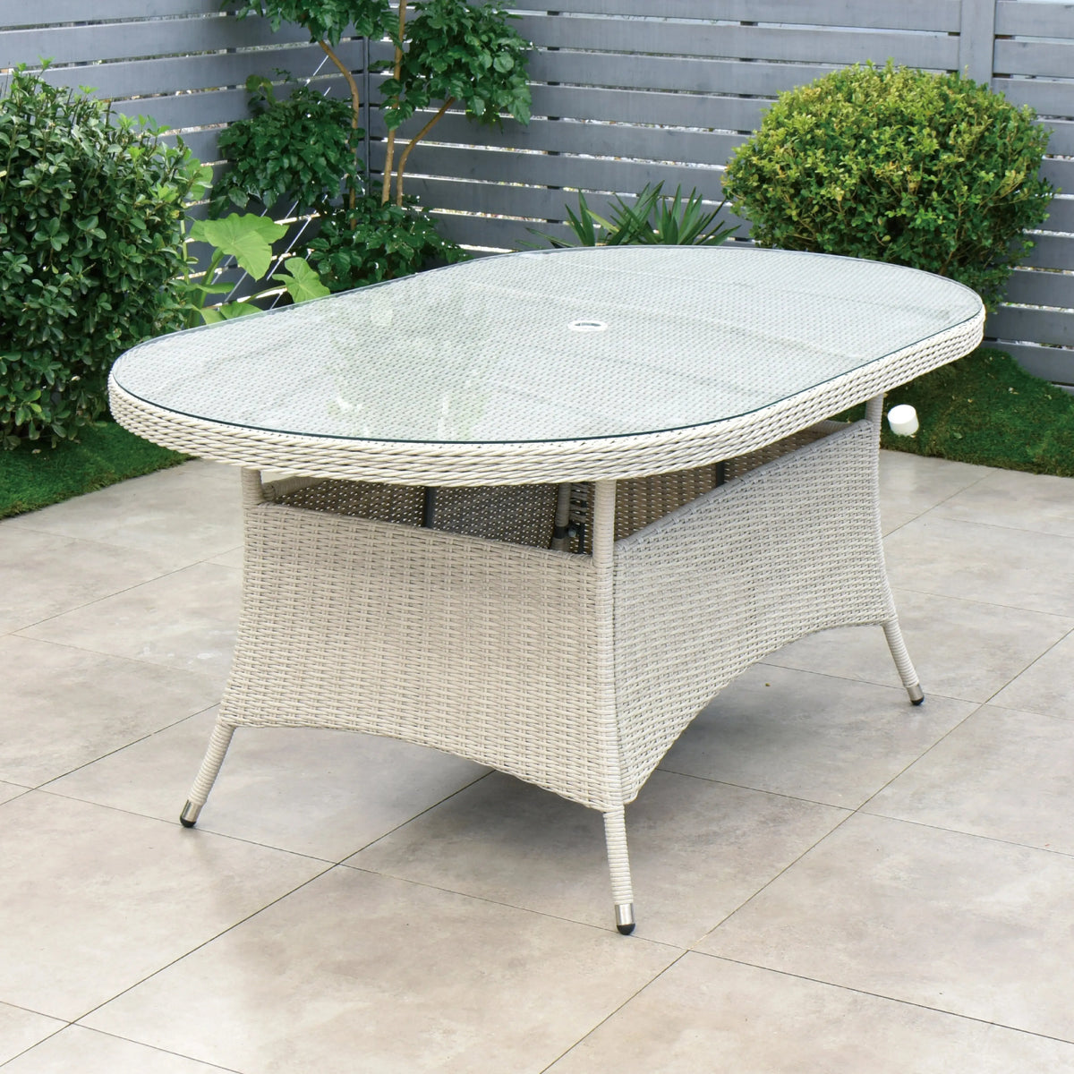 Cuba 180x100 Oval Table & 6 Bridge Arm Chairs Outdoor Set – White Washed with Grey Cushions