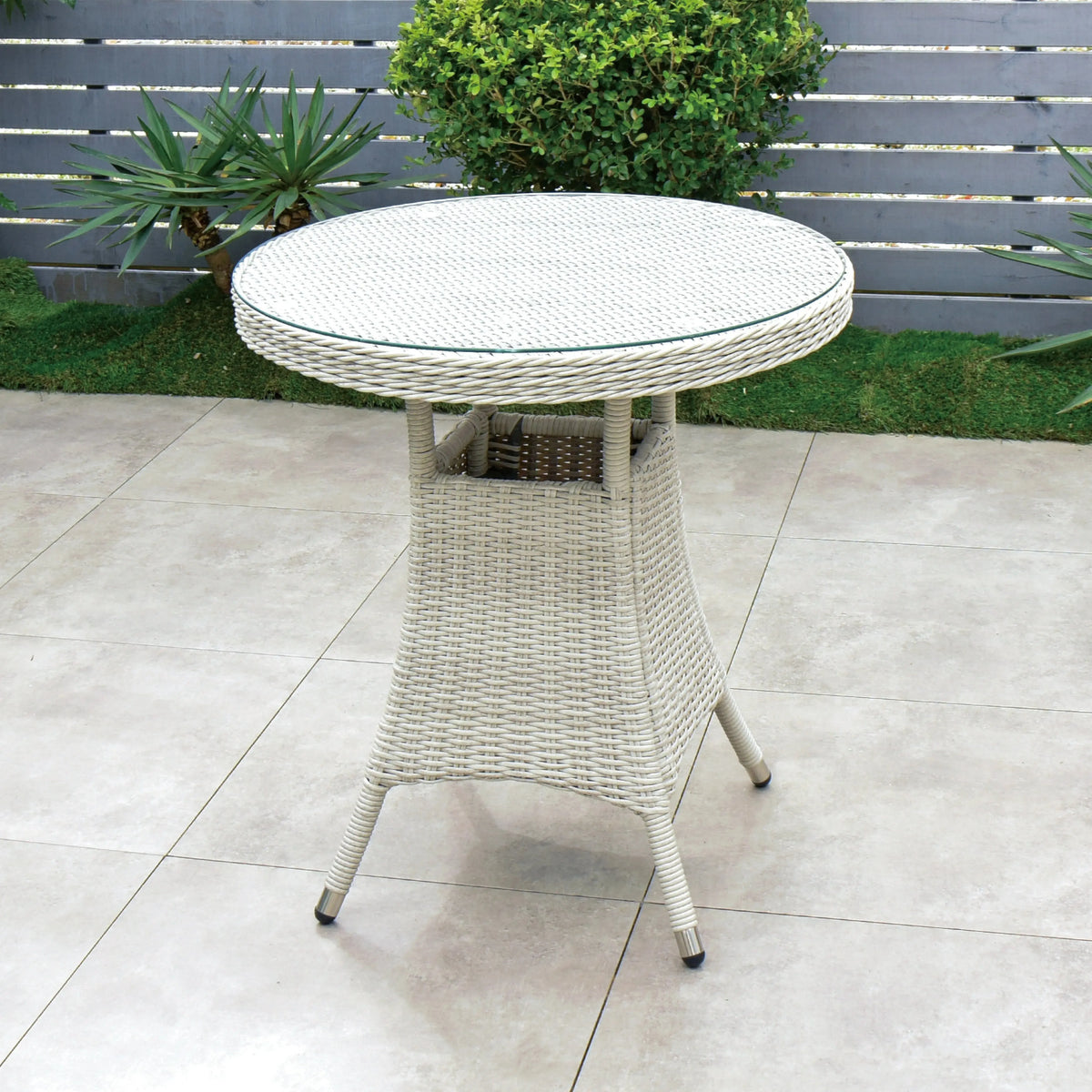 Cuba 70cm Round Table & 2 Bridge Arm Chairs Outdoor Set – White Washed with Grey Cushions