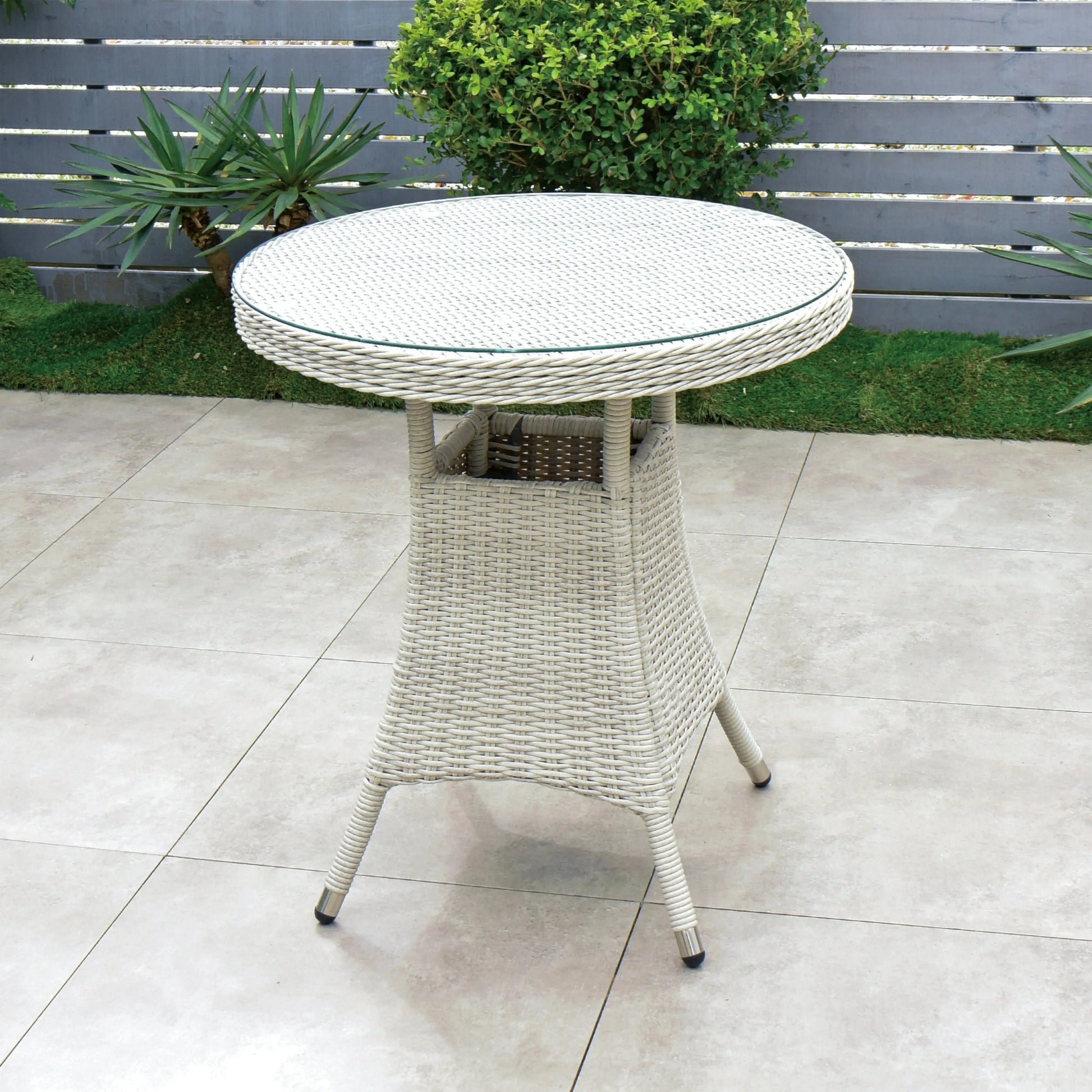 Cuba 70cm Round Table & 2 Bridge Arm Chairs Outdoor Set – White Washed with Grey Cushions