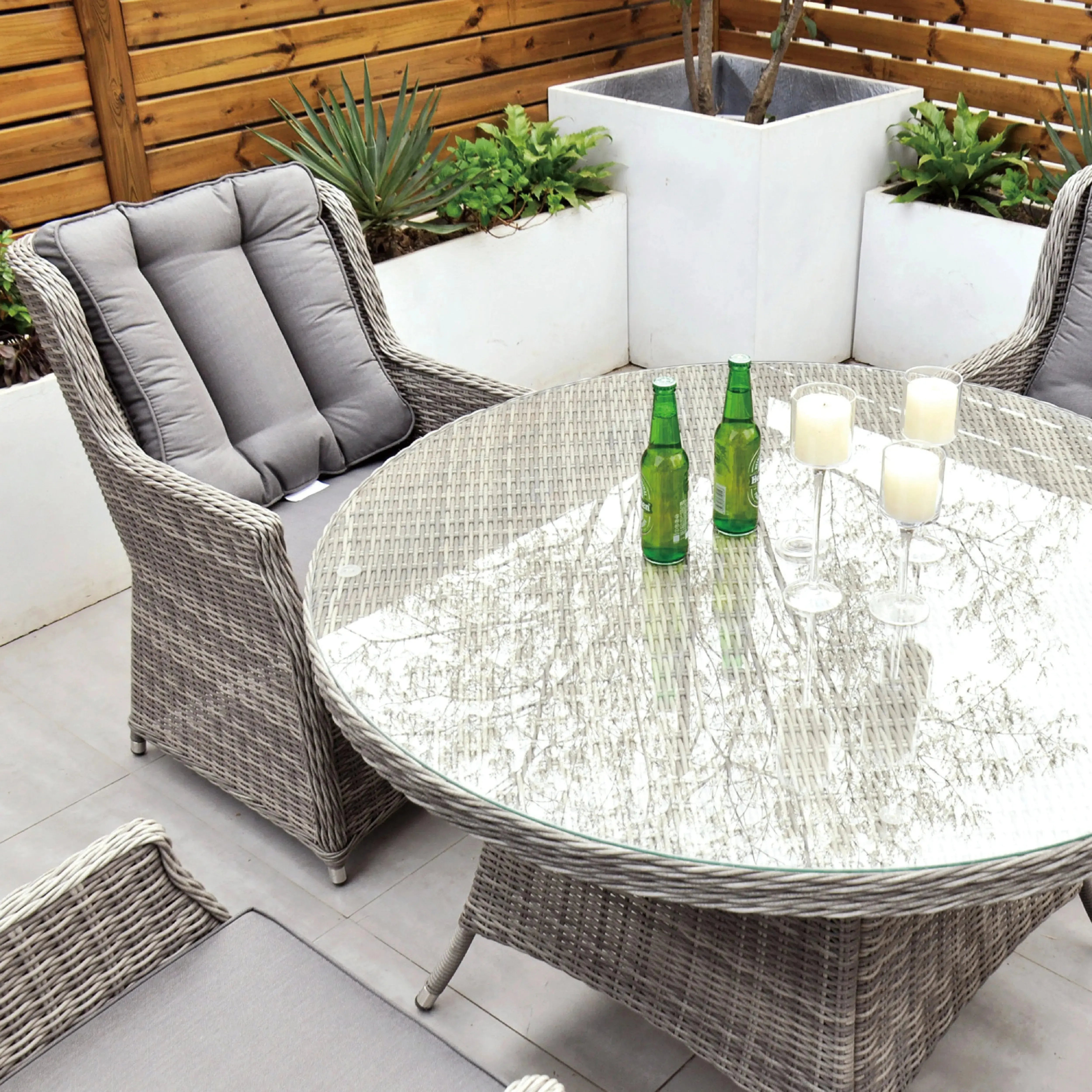 Dominica 120cm Round Table & 4 Dining Chairs Outdoor Set – Grey with Grey Cushions